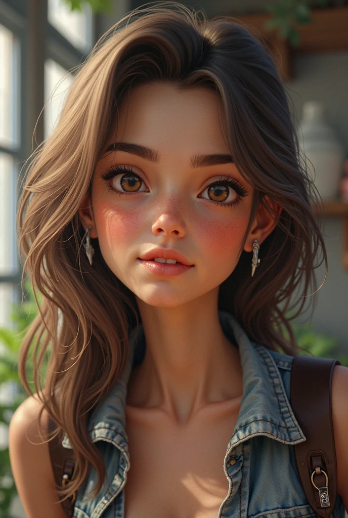 1 Brazilian girl. Small, slightly slanted black eyes. Medium brown wavy curly hair. A fuller face and well-defined lips. Darker brown skin. A necklace with the name Solla. Smaller, more slanted eyes. Curly hair, much more frizzy
