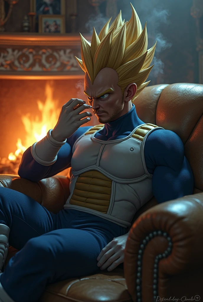 (masterpiece, best quality:1.2), solo, male focus, 1boy, vegeta, super saiyan, serious, looking at viewer, sitting in a fancy chair, crossed legs, blonde spiked hair, blue eyes, formal, red suit, red pants, surrounded by (yellow lightning:1.1)