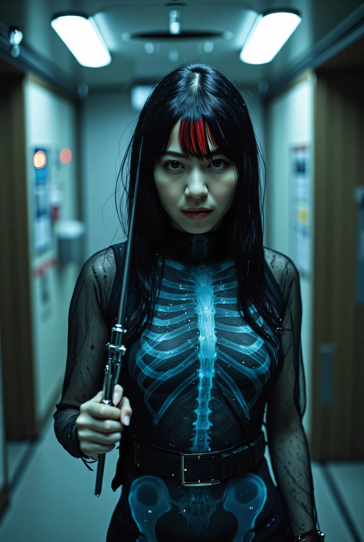(The dark interior of the Nostromo ship :2.0))),(((HR Gigger style cyberpunk atmosphere:2.0))),(((Hold a cyberpunk-style Japanese sword:2.0))),(((Point the tip of the sword at the viewer:2.0))),((full body:2.0)),one woman,(cute face),(Beautiful well-balanced face ),((long hair with bangs:2.0)),(black hair:1.5),(Beautiful Eyes:1.3),20-year-old Japanese woman wearing bright red paint all over her head,Beautiful slender body,((model body type:2.0)),((slim body:1.7)),Perfect Body Line,Ideal Proportions,((big breasts:2.0)),((スリーサイズ90-58-86:3.0)),((G Cup Breasts:1.5)),Big Breasts,Bare thighs,Sensual Thighs,delicate body,(succulent:1.7),harmonious posture,((Realistic breast depiction :1.7)),carefully depicts limbs based on perfect anatomy,((futuristic black super high leg leotard:1.5)),((super high-leg leotard made of form-fitting glass:1.5)),((leotard with a transparent blue skeleton taken on an X-ray:2.0)),(((Clear blue LED skeleton:2.0))),((Tactical Holster:2,0)),(gloves:1.3),CONCEPT ART,(Best Quality:1.5),(masterpiece:1.5),(超高resolution),resolution,UHD,(Delicate Description), carefully drawn with butterfly wings ,32k,((realistic skin texture that shows through the whole body:1.5)),(((super realistic:1.5))),carefully draw eyelashes,very detailed face,Highly detailed female hand, Sexy appearance ,very sensual,(Blurry Dim Backgrounds :1.5),Professional Photography,(movie lights:2.0),((Blade Runner style lighting:2.0))