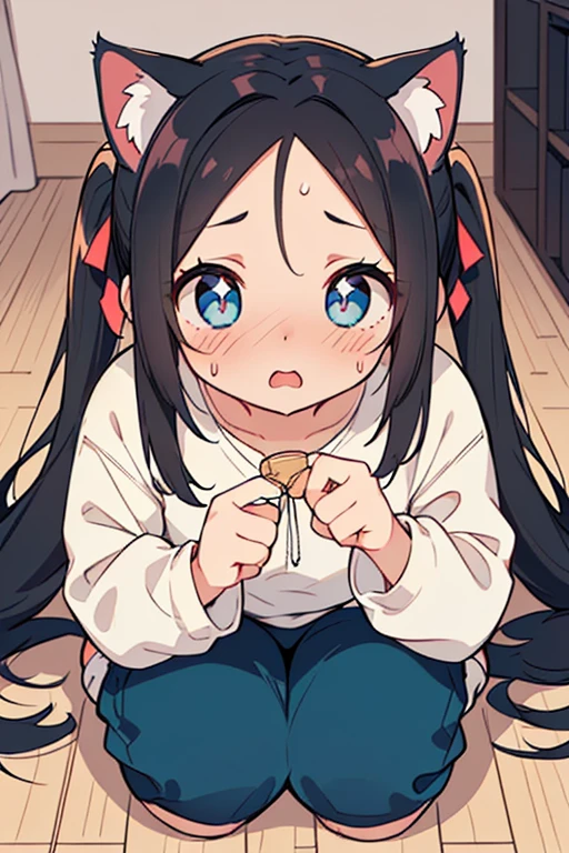 a young girl (brown,pigtails,child), sitting in daycare, crying as her cute clothes rip because of her gigantic round breast, cow horns on head
