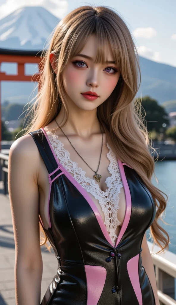 Top image quality、Raw photography、超A high resolution、18-year-old Korean、Glasses beauty、Colossal tits:1.5、cleavage of the breast:1.6、Healthy complexion、shiny white skin、((Hold twin tails))、((Light brown silver hair))、Beautiful eyes with random colors、very thin lips、beautiful eyes finely detailed、elongated eyes、pale pink blush、long eyeslashes、Beautiful double eyelids、eyeshadows、耳Nipple Ring、(Fashionable glasses、Pink cheongsam、long china dress、Beautiful legs、Attractive thighs)、street snap、slightly thicker thighs、Shot with emphasis on the legs、is standing、Photograph the whole body、Deep slit、Beautiful legs seen through the slit