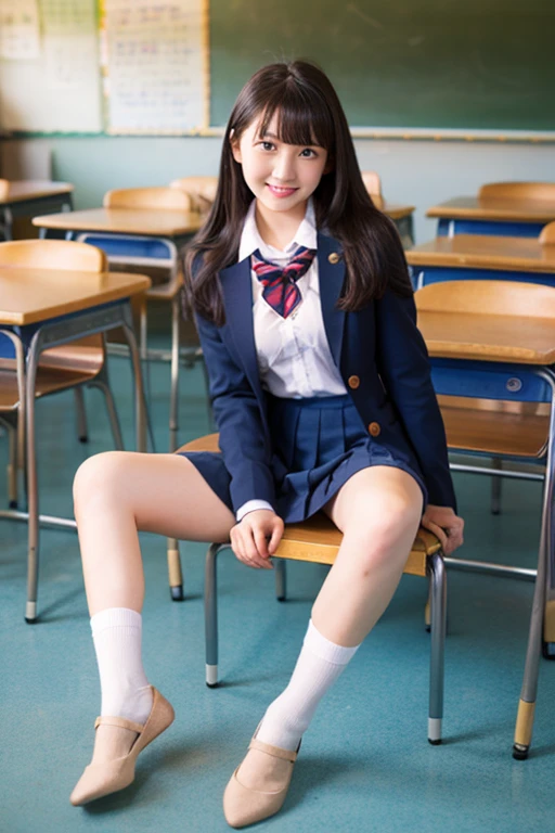 Highest quality、High school girl sitting on a chair、Women's high 、Knee-length skirt、tights、loafers、Full body photo、 Black Hair、Short Haircut、smile、Beautiful teeth alignment、、Intricate details, Very detailed:1.2), 、 Looking into the camera,The background is the classroom