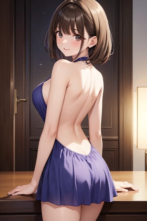 score_9_up, score_8_up, score_7_up, 1girl, solo, mature female, Nobara Kugisaki, brown bob hair, brown eyes, pink lips, parted lips, fit slim body, perfect medium erected breast, (((tight seductive black dress))), bedroom, looking at the viewer, perfect model body, naughty smile, standing in seductive pose and showing her ass in pink thong under her dress, pulled up dress(((from behind)))