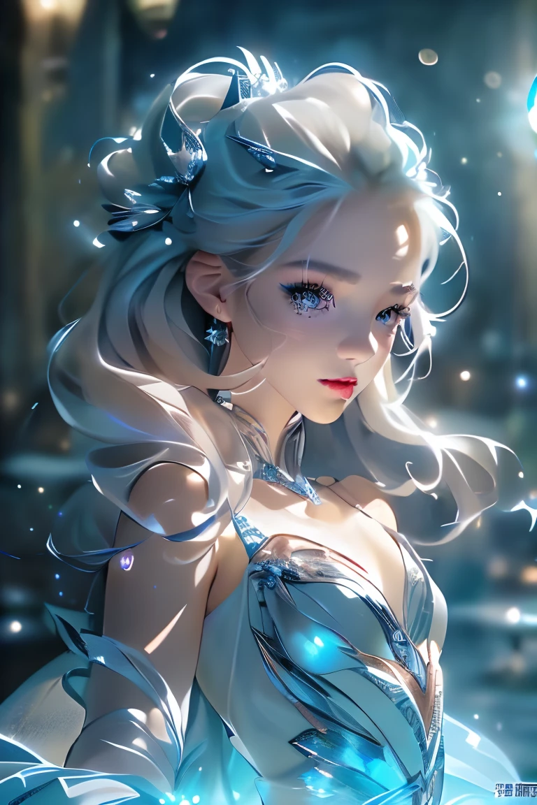 (Upper body photo:1.5)、dutch angle. wood, Exquisite mini ice spikes and crystals, A frozen waterfall in the background, Light reflected by ice crystals, Flowing snowflakes.1 girl、pretty girl,A realistic person,Beautiful cleavage,((small breasts)),Thin legs、Tight waist、standing, Long dress
