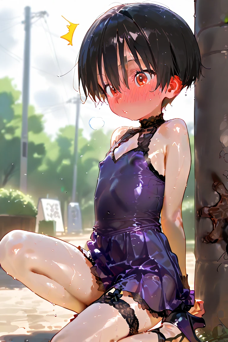 (top-quality,16K image quality,masterpiece:1.5),Super detailed,Ultra-high resolution,looking through legs,camisole,short shorts,super thin fabric,sexypose,nervous smile,Sexually suggestive,seductive smile,,slender,middle hair, little two side up,flat chest,shiny hair,Fair skin,Straight black hair