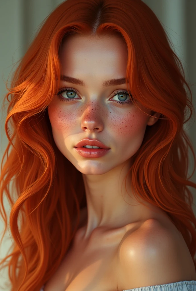 A red-haired woman with freckles on her face and blue eyes With beautiful breasts. not skinny. Cabelo liso
not skinny
realista