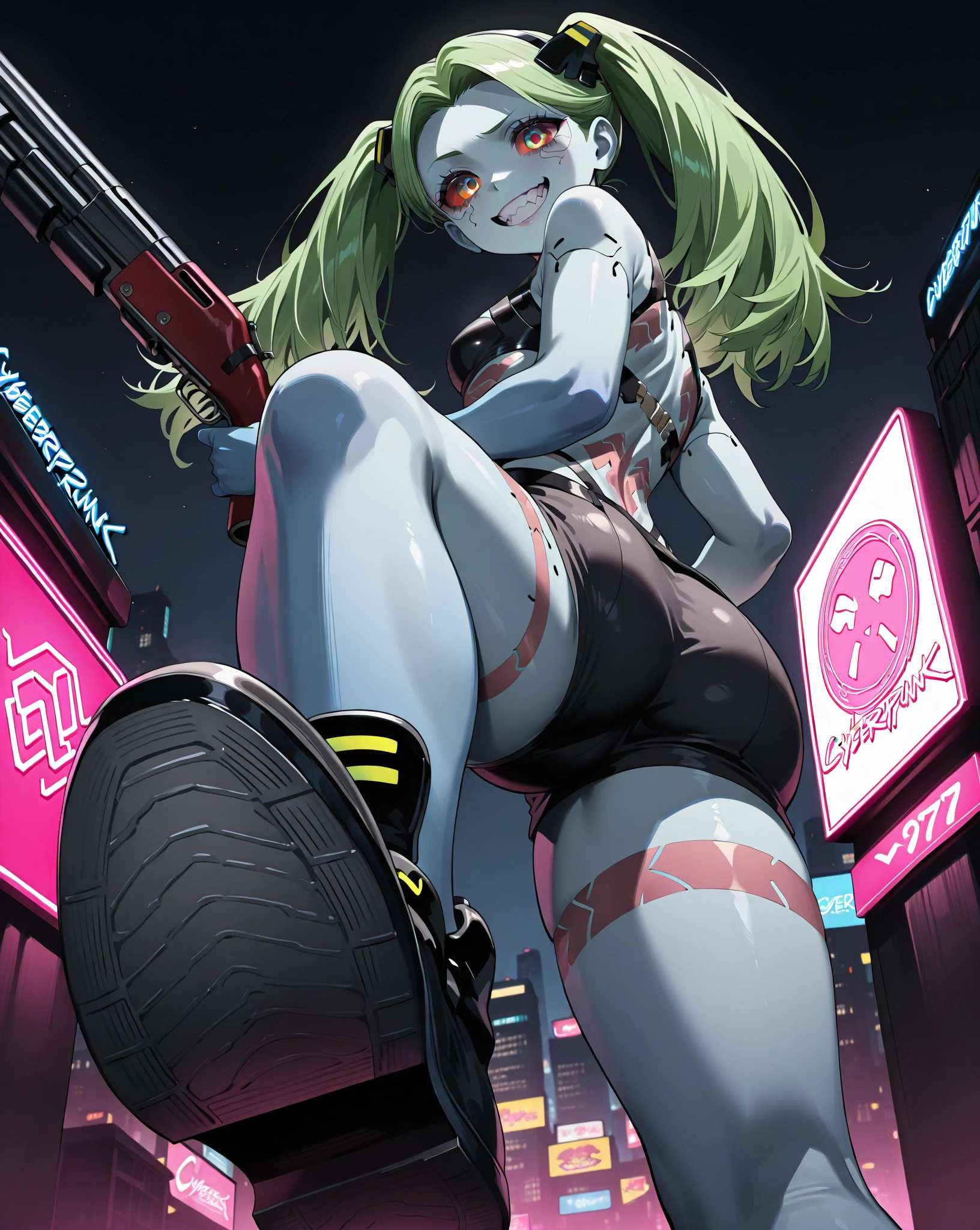 work of art, best qualityer, ultra detali, illustration, epic lighting, film composition, 1 girl, cute, red sclera,red pupils, cyborg, tatoo, hair green, colored fur, breasts small, Black jacke, legs apart hands with black gloves with yellow details, lovely gaze, captivating pose, trunk:1.1, gazing at viewer, pretentious smile, cloused mouth, plein-air, citys, cyber punk, neon lights, Street, (natta, tenebrosa, tenebrosaness, tenebrosa como breu, eyeshadows:1.4), (8K:1.1),  