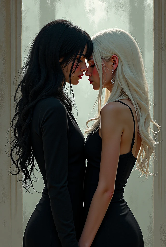 (best quality,4k,8k,highres,masterpiece:1.2), ultra-detailed, (realistic,photorealistic,photo-realistic:1.37),(best quality:1.2), 1 girls,1 boy,, face to face, looking at each other, standing apart, both standing apart, kissing, blue jeans, full body,(best quality, high resolution, ultra-detailed), A scary girl, full body, pale skin, (long white hair) and crazy, (((golden eyes))), dark and mysterious appearance, iron nails,(( white hair)) gothic aura, evil smile, demonic presence, dark shadow, black lipstick, frighteningly beautiful, frightening atmosphere, penetrating gauze, intense expression, shrouded in shadows, threatening aura, dressed in black, frightening vibration, sinister presence, mystical background , distorted creativity, frighteningly elegant, mesmerizing presence, enchanted darkness, sinister vibration, devilish charm, fierce and powerful, ethereal beauty, macabre charm, intoxicating allure, magical aura, imposing presence
