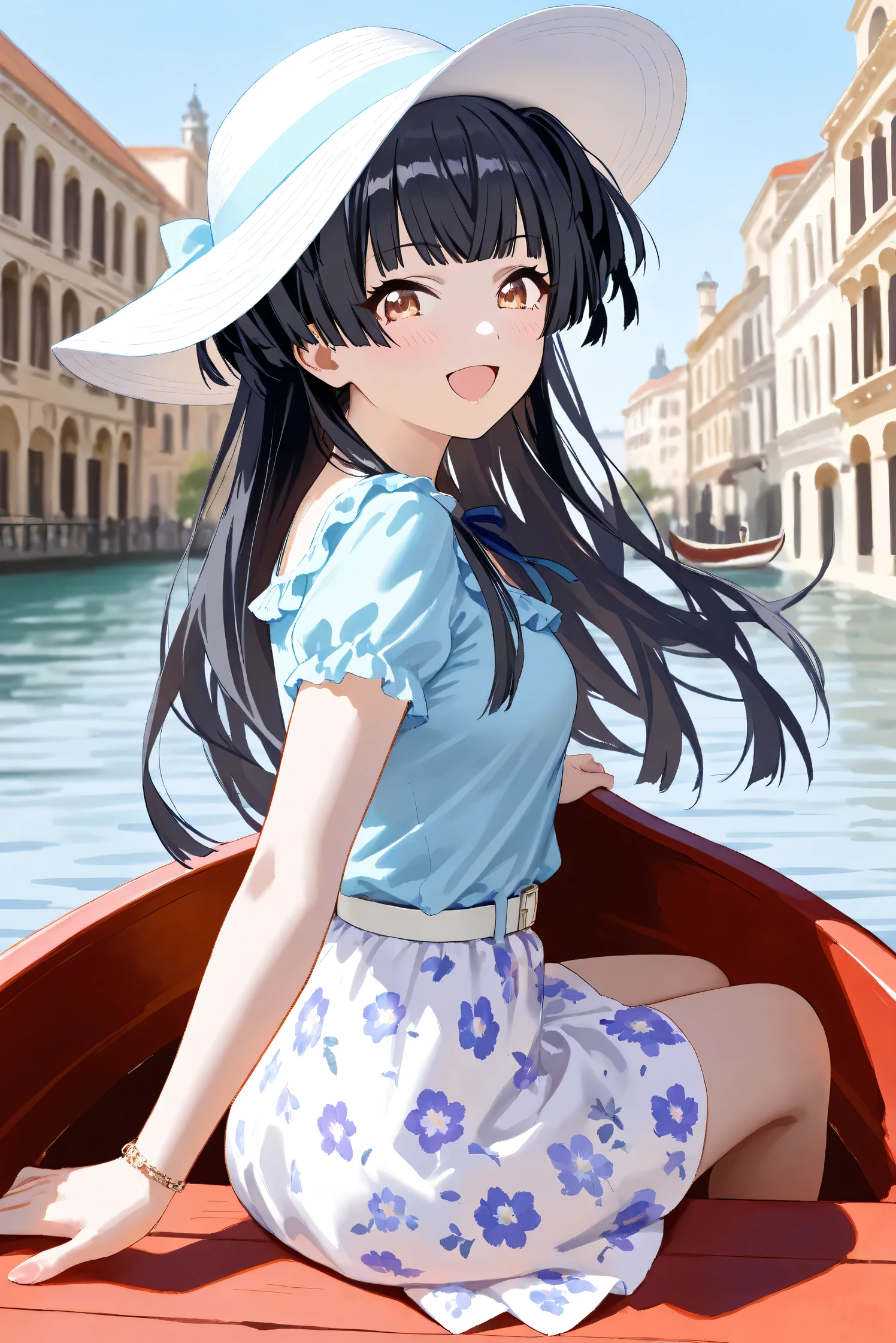 (Masterpiece), (Highest quality), (Very detailed),
(The best shape), (Best Shadow), (Absurd),
(Detailed background), (So beautiful), Shiny ,
Extraordinary, Countershading, 8k, 32K, High resolution, Beautiful eyes in every detail,
Very Detailed CG, UHD,
Score_9, Score_8_up, Score_7_up, Source_anime,
(Pastel painting:1.2), (Watercolor painting:1.2),
(Masterpiece, Detailed:1.2), (Foreshortening:1.2),
Cinematic, Dramatic, (Depth of field:1.4),
(Blurry background:1.4), (Realistic background:1.4),
(Foreshortening:1.3),Dynamic angle, 1 girl, solo,
Venice, Venice Building, Outdoor, Nature, Blue sky,
from back, looking back,
Mayuzumi Fuyuko,
The idolmaster shiny colors,
mayuzumi_fuyuko, 1girl, black hair, two side up, brown eyes, small breasts,
(Casual wear:1.3),
Light blue shirt, Short sleeves shirt, Frills,
ribbon, Blue ribbon,
Skirt, White skirt, Floral print skirt, Belt, White belt,
Wide Brim Hat, (White hat:1.2), Blue ribbon,
portrait, Focus on face, (close up shot:1.2),
(Blush:1.3), (happy:1.1), (talking to viewer:1.2),
open mouth, looking back,
(ride on gondola:1.2), sitting,
Realistic skin, Shiny skin,