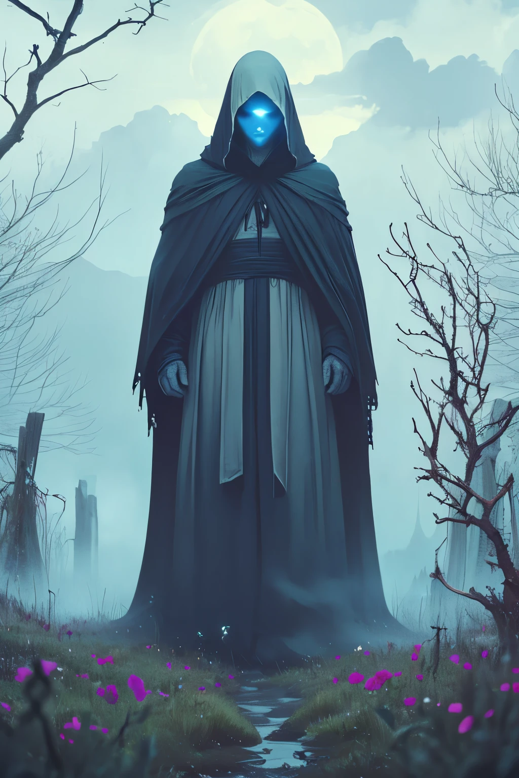 (full body image, (forbidden to cut or not) they appear from head to toe, Formato PNG , transparent background, white background, A mysterious and ethereal personification of Death, wearing long flowing dark robes that blend into a foggy, moonlit landscape. Their face is hidden beneath a shadowed hood, with only two glowing, soft white lights where eyes should be. Surrounding them are withered flowers, silent ravens perched on twisted branches, and a faint trail of silver mist following every step. The sky is filled with stars and swirling clouds, evoking a peaceful yet haunting atmosphere. The overall style is painterly and dramatic, with soft lighting and a somber, dreamlike mood.