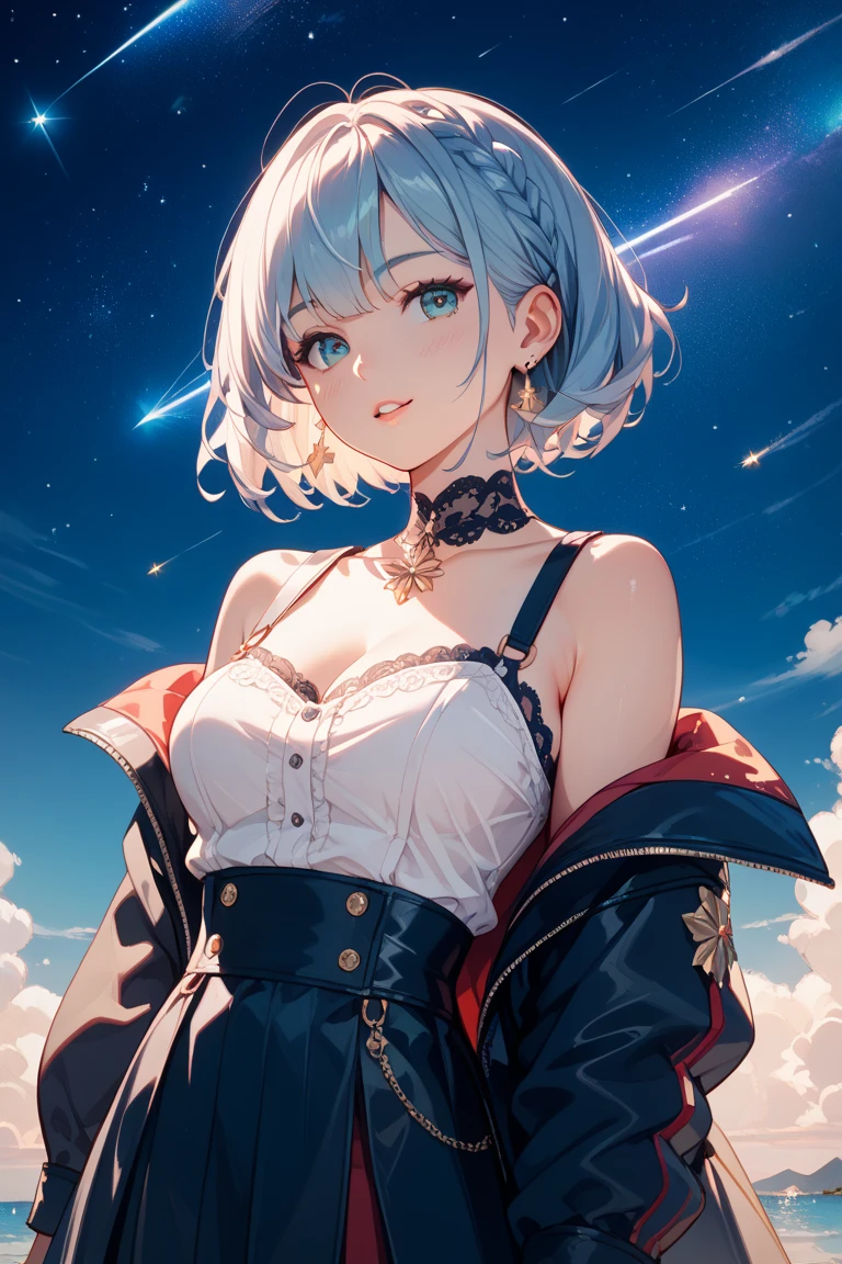 (absurdres, highres, ultra detailed),masterpiece,best quality,high resolution,8k,Realistic face,Realistic skin texture,magnified textures, stunning clarity,detailed anime girl,(ultra detailed eyes and face), girl,silver hair,short cut,(happy:1.7),fair skin,elegant black silk hat,jazzy dress,Shoulder Bare,,(Snowfield),(midnight),(blizzard),(Meteor shower:1.3),cowboy shot,(look down viewer:1.5),cowboy shot,squatting,(from below),