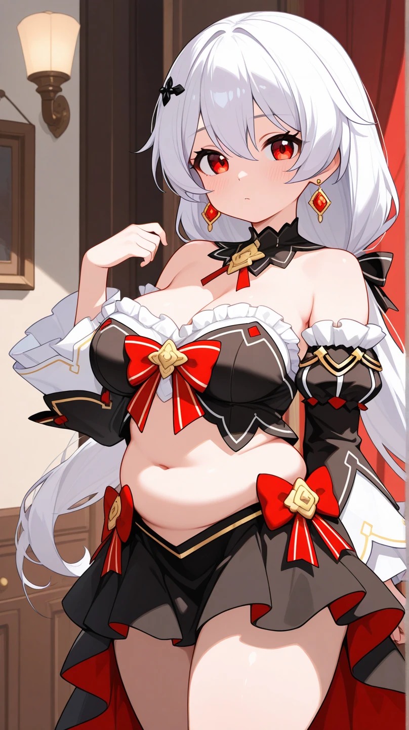 1 Girl, Teresa's Revelation, skirt, Looking at the audience, Smile, Separate sleeves, Hair accessories, Headband, Separate collar, Shy, blush, Upper Body, cleveage, Dentate skin, Breasts squeezed together, Vertical arm, indoors, Depth of Field, (Pregnant woman with big belly,Huge breasts:1.8)
