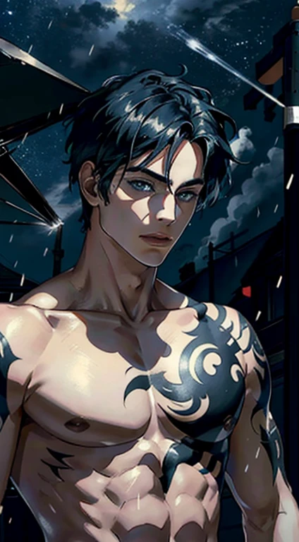 A handsome and strong Japanese yakuza man lies in a dark alley late at night, gaze at the camera,usar kimonos,Cabello rubio corto,Sostiene una katana en su mano derecha,His body is covered in traditional Japanese tattoos,There was dirt and some blood on the body,Aguaceros,Niebla densa, gotas de agua en la piel, empapado por todas partes, Estaba oscuro, It was raining a lot., ((((Alto detalle)))), (Plano completo), (Fotorrealista,fotorrealista,fotorrealista:2), (cuerpos perfectos), (Cara perfecta), (ojo perfecto), peligroso, malo culo, epopeya, ((((con cara detallada,Estructura corporal correcta,Proporciones corporales correctas))))