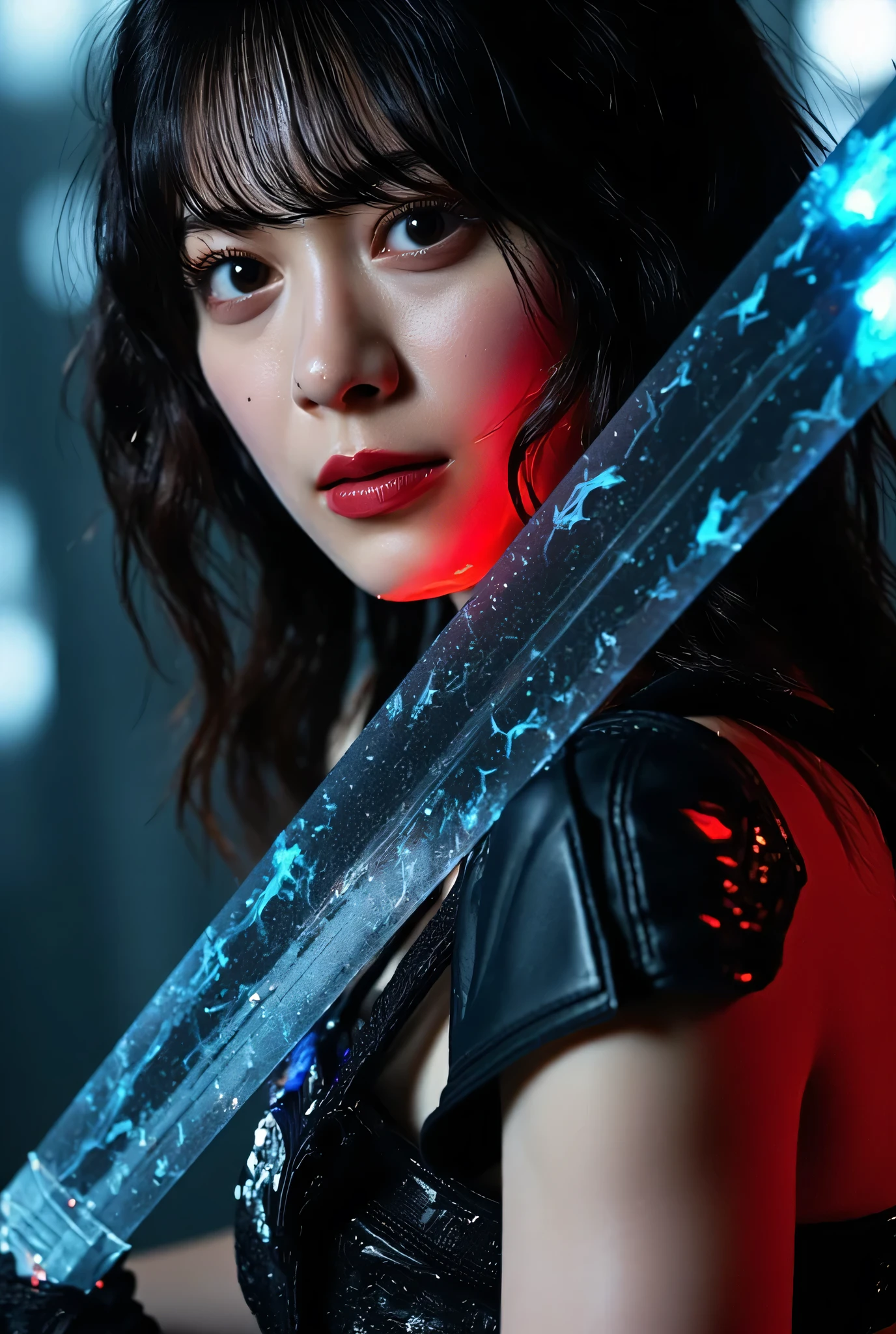 (The dark interior of the Nostromo ship :2.0))),(((HR Gigger style cyberpunk atmosphere:2.0))),(((Hold a cyberpunk-style Japanese sword:2.0))),(((Point the tip of the sword at the viewer:2.0))),((full body:2.0)),one woman,(cute face),(Beautiful well-balanced face ),((long hair with bangs:2.0)),(black hair:1.5),(Beautiful Eyes:1.3),20-year-old Japanese woman wearing bright red paint all over her head,Beautiful slender body,((model body type:2.0)),((slim body:1.7)),Perfect Body Line,Ideal Proportions,((big breasts:2.0)),((スリーサイズ90-58-86:3.0)),((G Cup Breasts:1.5)),Big Breasts,Bare thighs,Sensual Thighs,delicate body,(succulent:1.7),harmonious posture,((Realistic breast depiction :1.7)),carefully depicts limbs based on perfect anatomy,((futuristic black super high leg leotard:1.5)),((super high-leg leotard made of form-fitting glass:1.5)),((leotard with a transparent blue skeleton taken on an X-ray:2.0)),(((Clear blue LED skeleton:2.0))),((Tactical Holster:2,0)),(gloves:1.3),CONCEPT ART,(Best Quality:1.5),(masterpiece:1.5),(超高resolution),resolution,UHD,(Delicate Description), carefully drawn with butterfly wings ,32k,((realistic skin texture that shows through the whole body:1.5)),(((super realistic:1.5))),carefully draw eyelashes,very detailed face,Highly detailed female hand, Sexy appearance ,very sensual,(Blurry Dim Backgrounds :1.5),Professional Photography,(movie lights:2.0),((Blade Runner style lighting:2.0))