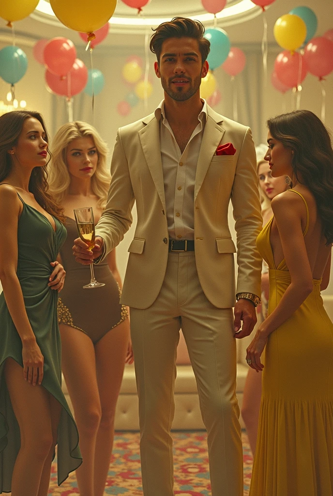 Invitation poster, fiesta disco gold and silver. 40 year old people with normal bodies enjoying the party, casual white and gold attire, silver balloons, disco style party.