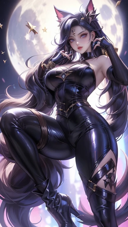 (shaded face:1.2), hollow eyes, yellow eyes, looking at viewer, heavy breathing, smirk, uppert teeth, long hair, black hair, blue eyes, breasts, 1girl, moon, abs, sky, solo, grass, red_eyes, full_moon, star_(sky), thighhighs, sitting, breasts, night, navel, looking_at_viewer, outdoors, strapless, boots, starry_sky, cloud, muscle, blush, thighs, "glow effects, godrays, Hand drawn, render, 8k, octane render, cinema 4d, blender, dark, atmospheric 4k ultra detailed, cinematic, Sharp focus, big depth of field, Masterpiece, colors, 3d octane render, 4k, concept art, trending on artstation, hyperrealistic, Vivid colors, extremely detailed CG unity 8k wallpaper, trending on CGSociety, Intricate, High Detail, dramatic", sweating, steaming body, fog, (anime coloring, anime screencap:1.5)