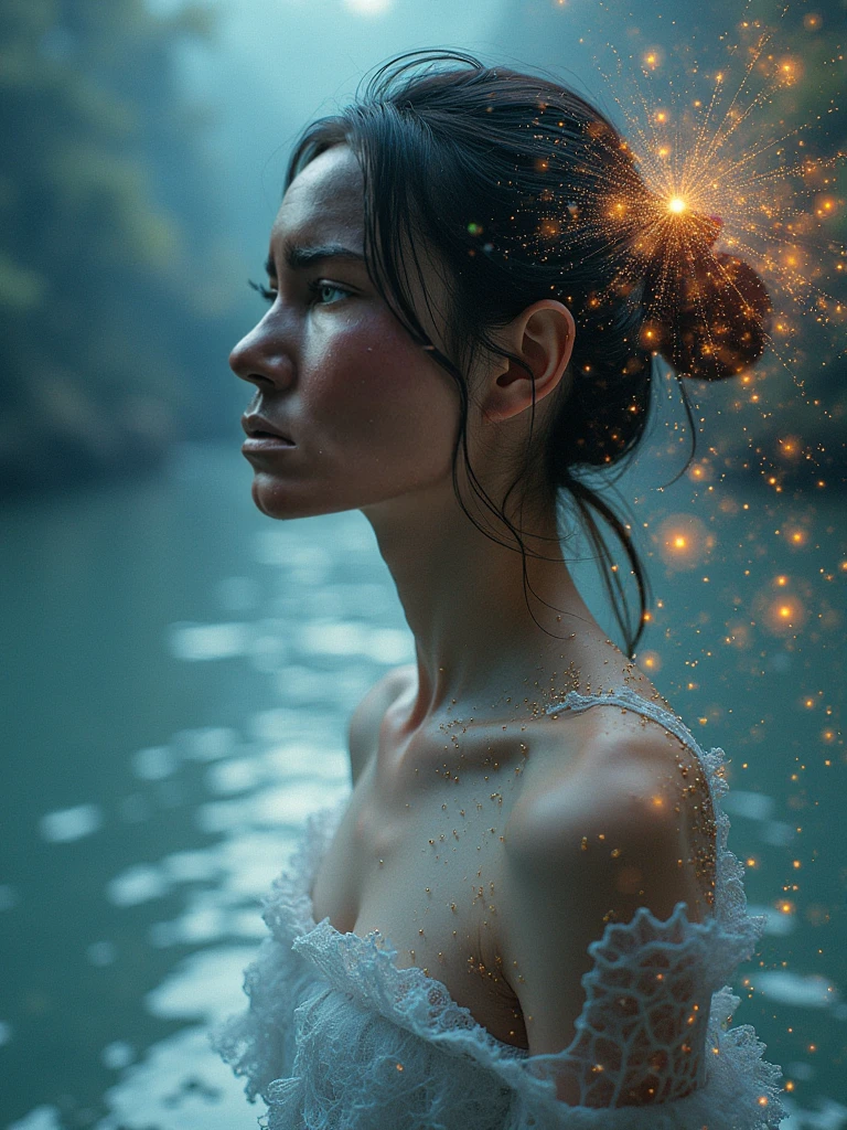 A very violent current plagues the staff. bright lightning beams flash through the sky everywhere. There is also a violent wind and the water are everywhere at and height of one meter. One hundred naked women with exceptionally long hair and huge breasts in the Third World War. super detailed photography, Play of light in the sun rain, downpour, ((a drop of water falling from a height onto the surface of the water)), splashes, luminism, intricate, 4k concept art volumetric light, unrealistic engine, global illumination, detailed environment.