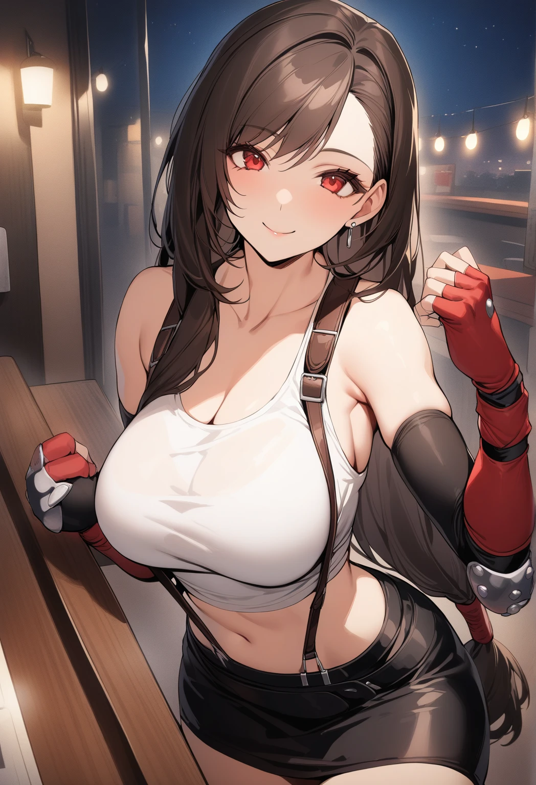 best quality, ultra-detailed, high resolution, extremely detailed CG, unity 8k wallpaper, super detailed skin, detailed, dynamic lighting, beautiful detailed eyes, tifa ff7, 1girl, solo, looking at viewer, blush, seductive smile, white tank top, black skirt, suspender skirt, midriff, black thighhighs, red gloves, bra, zettai ryouiki, head tilt, bar counter, showing panties, dynamic angle, dynamic pose, red eyes, smile, fighting stance,