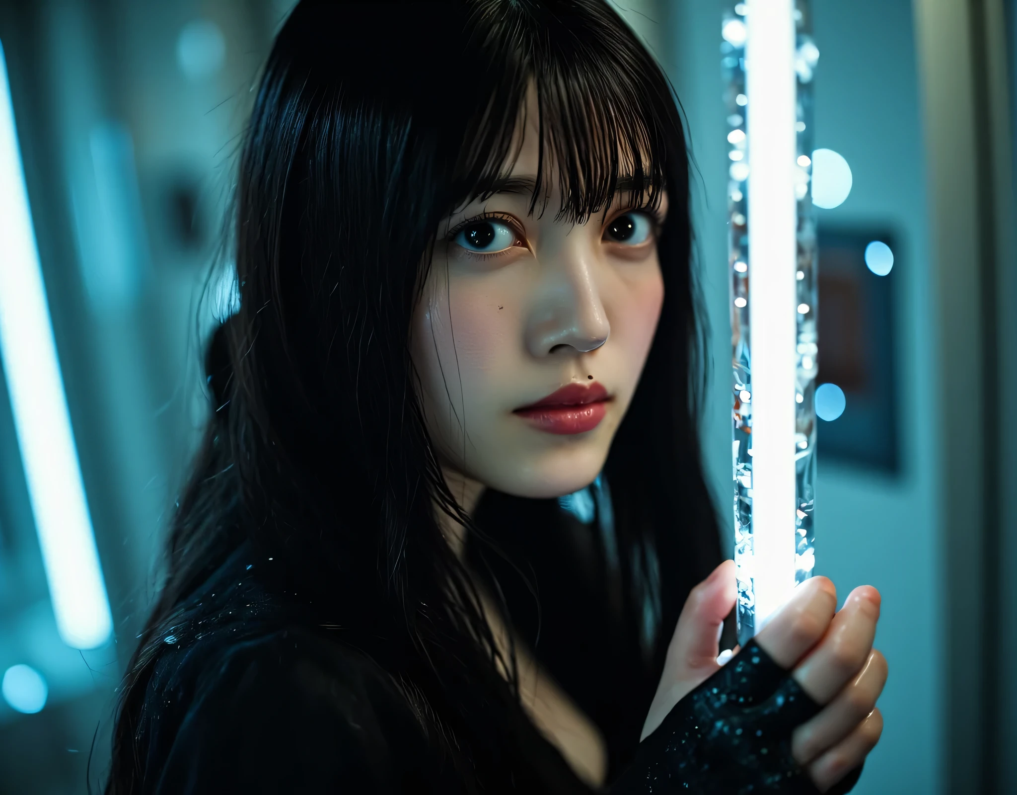 (((The dark interior of the Nostromo:2.0))),(((HR Gigger style cyberpunk atmosphere:2.0))),(((Hold a cyberpunk-style Japanese sword:2.0))),(((Point the tip of the sword at the viewer:2.0))),((full body:2.0)),one woman,(cute face:1.7),(Beautiful well-balanced face :1.5),((long hair with bangs:2.0)),(black hair:1.5),(Beautiful Eyes:1.3),20-year-old Japanese woman wearing bright red paint all over her head,Beautiful slender body,((model body type:2.0)),((slim body:1.7)),Perfect Body Line,Ideal Proportions,((big breasts:2.0)),((スリーサイズ90-58-86:3.0)),((G Cup Breasts:1.5)),Big Breasts,Bare thighs,Sensual Thighs,delicate body,(succulent:1.7),harmonious posture,((Realistic breast depiction :1.7)),carefully depicts limbs based on perfect anatomy,((futuristic black super high leg leotard:1.5)),((super high-leg leotard made of form-fitting glass:1.5)),((A black military coat-style kimono open over a leotard:2.0)),(((LED frame that is slightly transparent in blue:2.0))),((Tactical Holster:2,0)),(gloves:1.3),CONCEPT ART,(Best Quality:1.5),(masterpiece:1.5),(超高resolution),resolution,UHD,(Delicate Description), carefully drawn with butterfly wings ,32k,((realistic skin texture that shows through the whole body:1.5)),(((super realistic:1.5))),carefully draw eyelashes,very detailed face,Highly detailed female hand, Sexy appearance ,very sensual,(Blurry Dim Backgrounds :1.5),Professional Photography,(movie lights:2.0),((Blade Runner style lighting:2.0))
