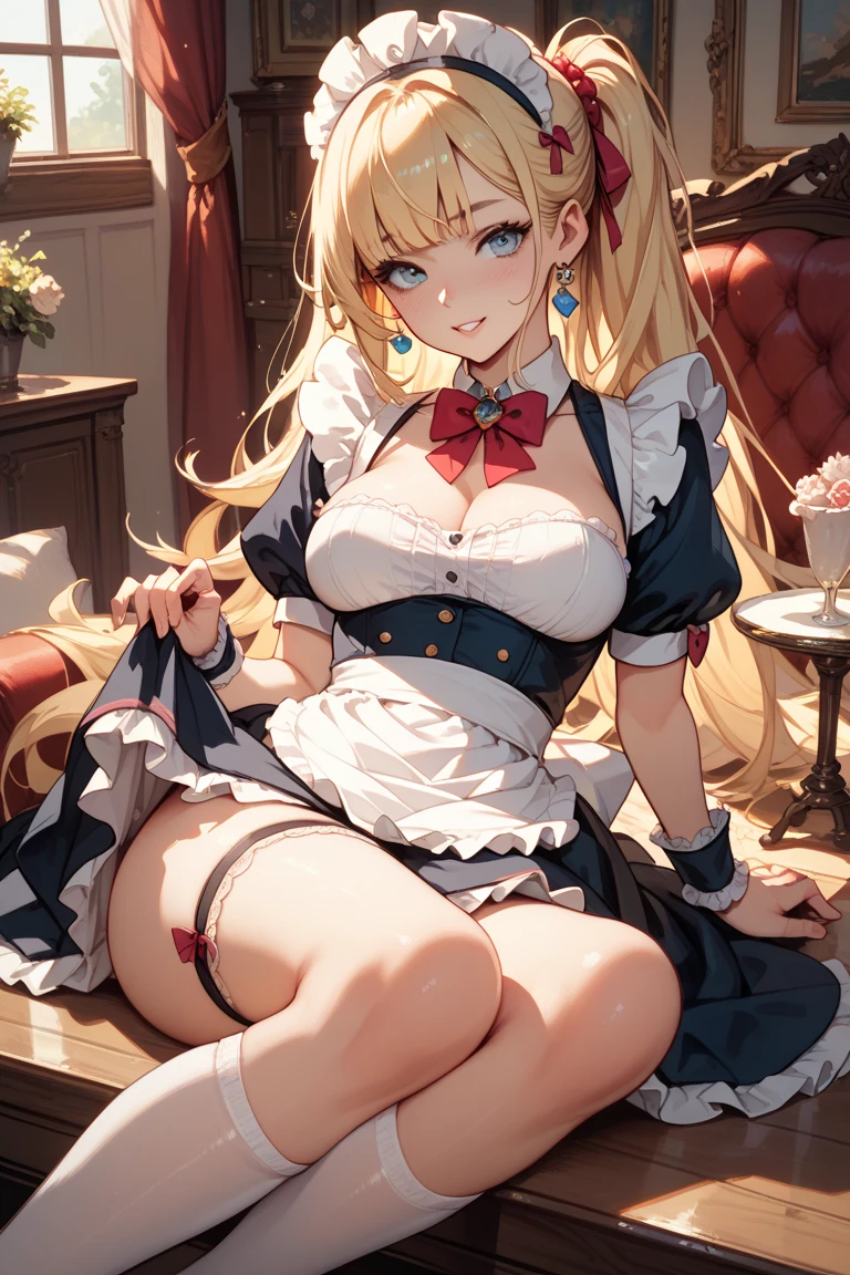 (master piece, high-quality, Mystical, long legs:1.2, ideal ratio of body proportions), (ultra high resolution, 8K RAW photo, photorealistics, natural lighting, textile shading), long shot photo:1.6, (1 beautiful anime girl:1.3, 16 years old, solo:1.6, milf:1.5, nsfw:1.2, full body:1.3), shinny skin, BREAK, ((alice in the wonderland:1.3, cute, kawaii, lovely, funny, a girl falling down from sky:1.7, girl flying in sky:1.5, girl floating in air:1.3, rolling up skirt by wind:1.5, (full smiling:1.3), surprised, putting hands on crotch over the skirts:1.35)), BREAK, ((floating things as follows, PlayingCards, Trump, tea cup, tea pot, tea spoons, small clock:1.3, lip sticks, candies:1.2, cookies, jam bottles, classical door_keys)), ((purply_Blue dress :1.5, wearing long flaired skirt:1.3, the skirt is blowing:1.3, White Apron, white stockingedium long platinum-blonde hair:1.2, twin tail hair:1.6, tied hair with a large ribbon), (Blue eyes, bright pupils with highlights, detailed eyes), (lying down on your back:1.6, leaning forward:1.2, spreading legs with rising up straight:1.5), ((dutch angle:1.5, full body:1.3, ass focus:1.3, from below:1.5, unbalance posture)), fantastic colorful art, (fantasy art:1.5, strange imaging, fractal), ((correct anatomy:1.5, perfect anatomy:1.3, correct hand, small foot:1.2)),