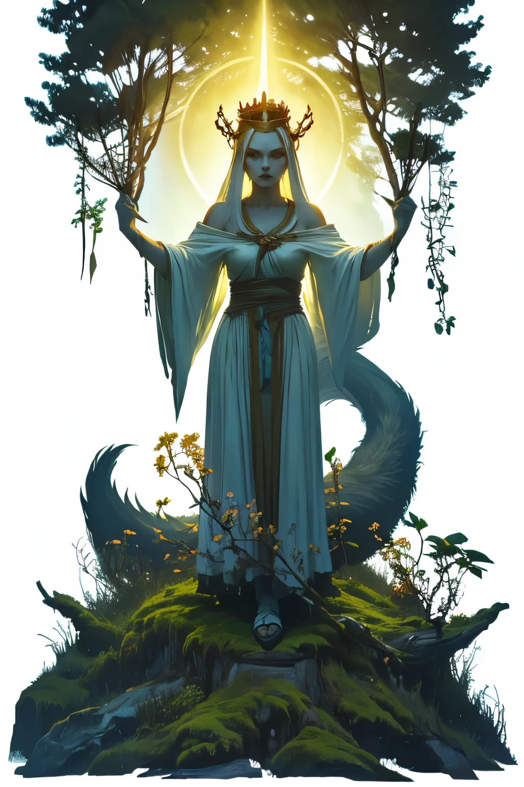 (full body image, (forbidden to cut or not) they appear from head to toe, Formato PNG , transparent background, white background, A majestic and mystical representation of Mother Nature, with the graceful body of a fox covered in soft moss and blooming flowers. Her tail flows like a cascade of leaves and vines, and her eyes glow with ancient wisdom. From her back and shoulders grow branches and blossoms, forming a crown of life and nature. Her fur blends into the forest floor, merging with roots and earth. The background is an enchanted forest glowing with bioluminescent plants, soft rays of sunlight filtering through the canopy. The style is ethereal, painterly, and magical — reminiscent of Studio Ghibli or a fantasy storybook.