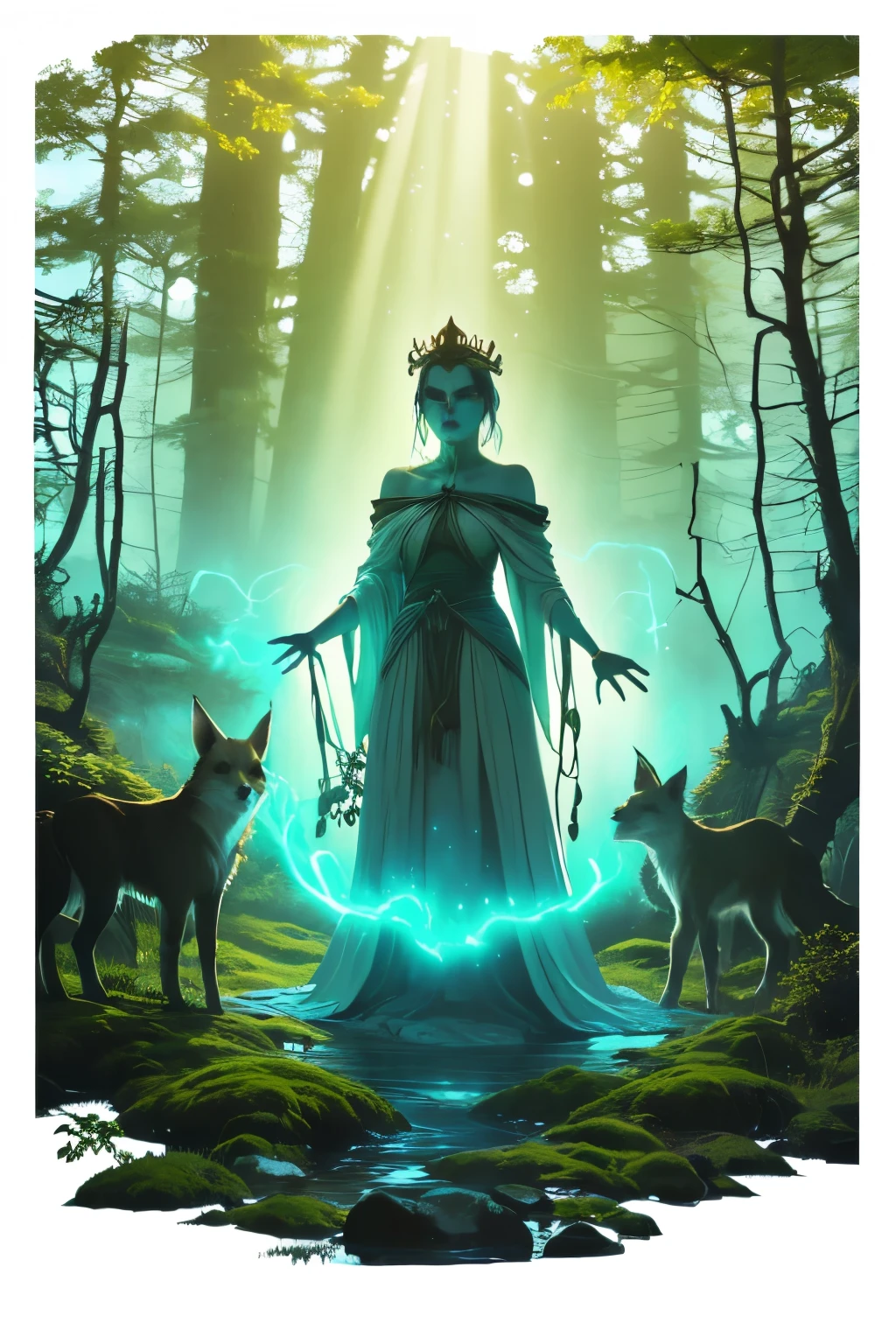 (full body image, (forbidden to cut or not) they appear from head to toe, Formato PNG , transparent background, white background, A majestic and mystical representation of Mother Nature, with the graceful body of a fox covered in soft moss and blooming flowers. Her tail flows like a cascade of leaves and vines, and her eyes glow with ancient wisdom. From her back and shoulders grow branches and blossoms, forming a crown of life and nature. Her fur blends into the forest floor, merging with roots and earth. The background is an enchanted forest glowing with bioluminescent plants, soft rays of sunlight filtering through the canopy. The style is ethereal, painterly, and magical — reminiscent of Studio Ghibli or a fantasy storybook.