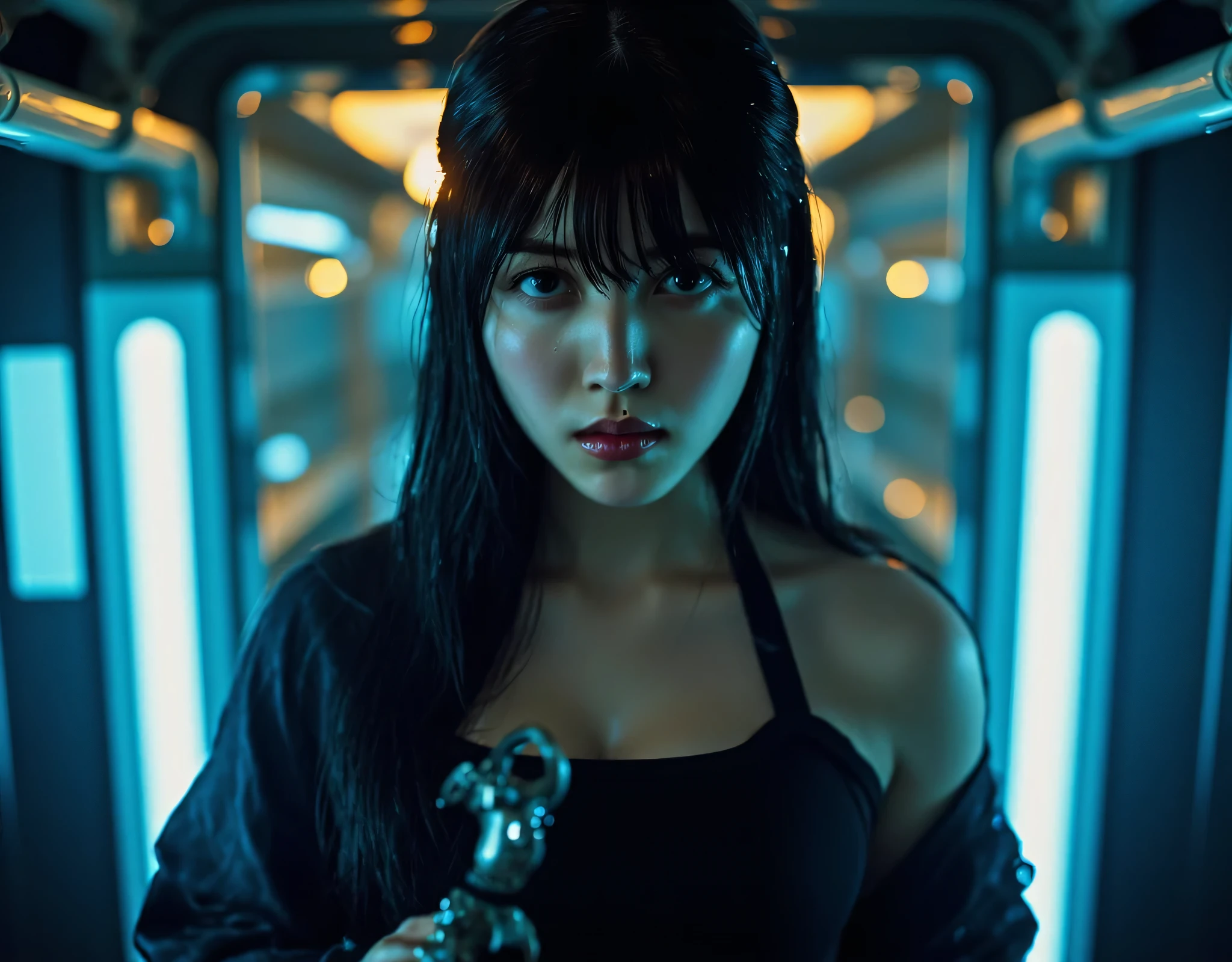 (((The dark interior of the Nostromo:2.0))),(((HR Gigger style cyberpunk atmosphere:2.0))),(((Hold a cyberpunk-style Japanese sword:2.0))),(((Point the tip of the sword at the viewer:2.0))),((full body:2.0)),one woman,(cute face:1.7),(Beautiful well-balanced face :1.5),((long hair with bangs:2.0)),(black hair:1.5),(Beautiful Eyes:1.3),20-year-old Japanese woman wearing bright red paint all over her head,Beautiful slender body,((model body type:2.0)),((slim body:1.7)),Perfect Body Line,Ideal Proportions,((big breasts:2.0)),((スリーサイズ90-58-86:3.0)),((G Cup Breasts:1.5)),Big Breasts,Bare thighs,Sensual Thighs,delicate body,(succulent:1.7),harmonious posture,((Realistic breast depiction :1.7)),carefully depicts limbs based on perfect anatomy,((futuristic black super high leg leotard:1.5)),((super high-leg leotard made of form-fitting glass:1.5)),((A black military coat-style kimono open over a leotard:2.0)),(((LED frame that is slightly transparent in blue:2.0))),((Tactical Holster:2,0)),(gloves:1.3),CONCEPT ART,(Best Quality:1.5),(masterpiece:1.5),(超高resolution),resolution,UHD,(Delicate Description), carefully drawn with butterfly wings ,32k,((realistic skin texture that shows through the whole body:1.5)),(((super realistic:1.5))),carefully draw eyelashes,very detailed face,Highly detailed female hand, Sexy appearance ,very sensual,(Blurry Dim Backgrounds :1.5),Professional Photography,(movie lights:2.0),((Blade Runner style lighting:2.0))