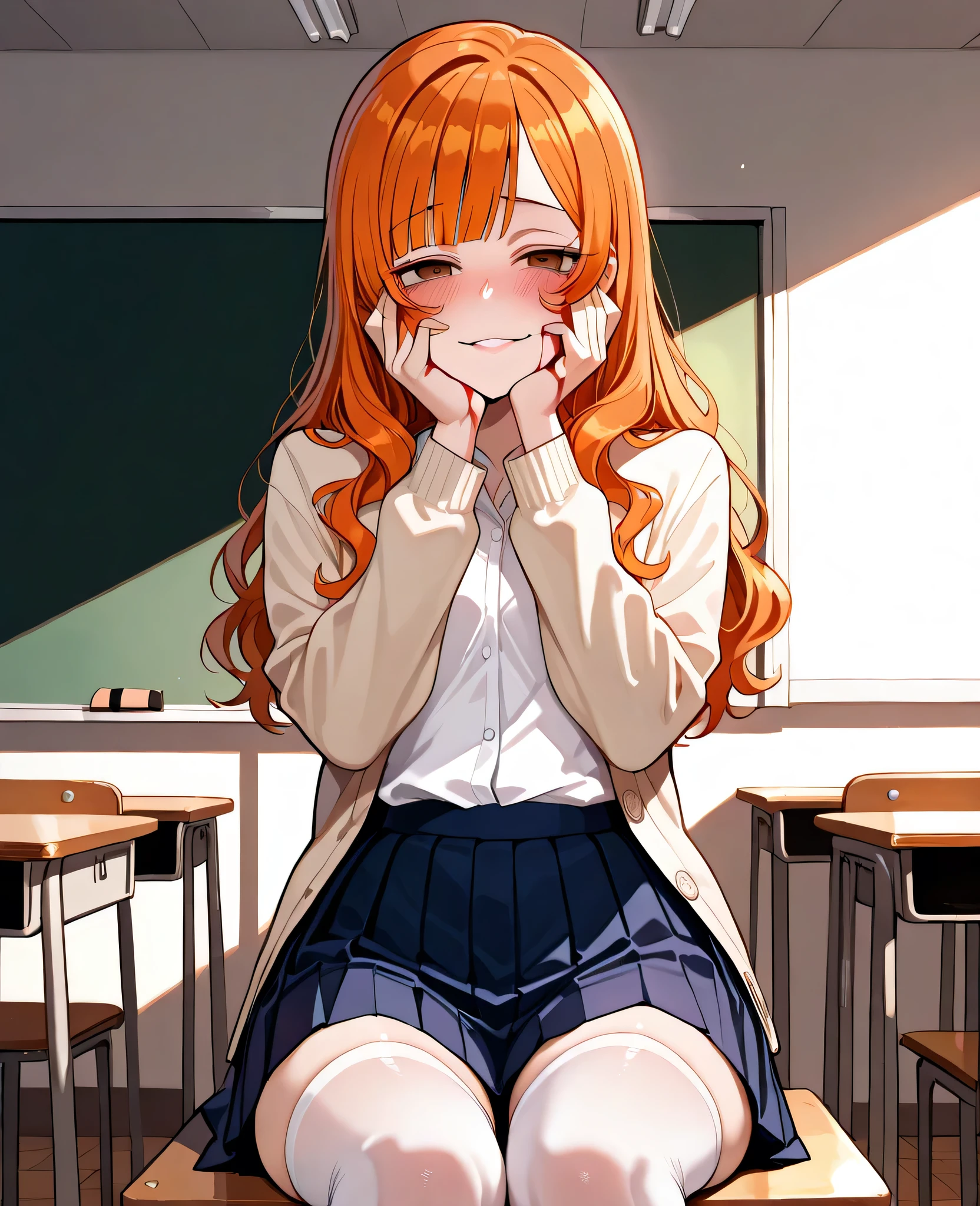 1girl, 20 years old, beautiful, orange hair, slightly wavy hair, straight bangs, hair length to shoulder blades, brown eyes, small hips, slightly plump thighs, narrow waist, small breasts, neat face, small blush, detailed image, detailed body, detailed location, location: classroom, clothes: white button shirt underneath oversized beige cardigan with long sleeves covering half of palm, pleated dark blue skirt, white stockings, small clip on bangs, shy smile, time: night, pose: standing, yandere, looking at viewer, looks into the eyes, front view, head tilted side, hands up, hips to side, blush, solo, on knees, yandere trance pose, hands on cheeks, half closed eyes, blood on face, blood on hands, blood flowing down arm, blood on cardigan, face close view