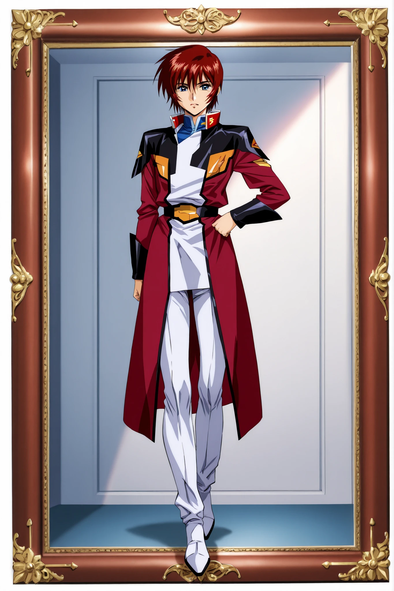 Create me a picture of boy ager with dark red hair with blue eyes full body post , based on gundam seed destiny animation and based on shinn asuka face