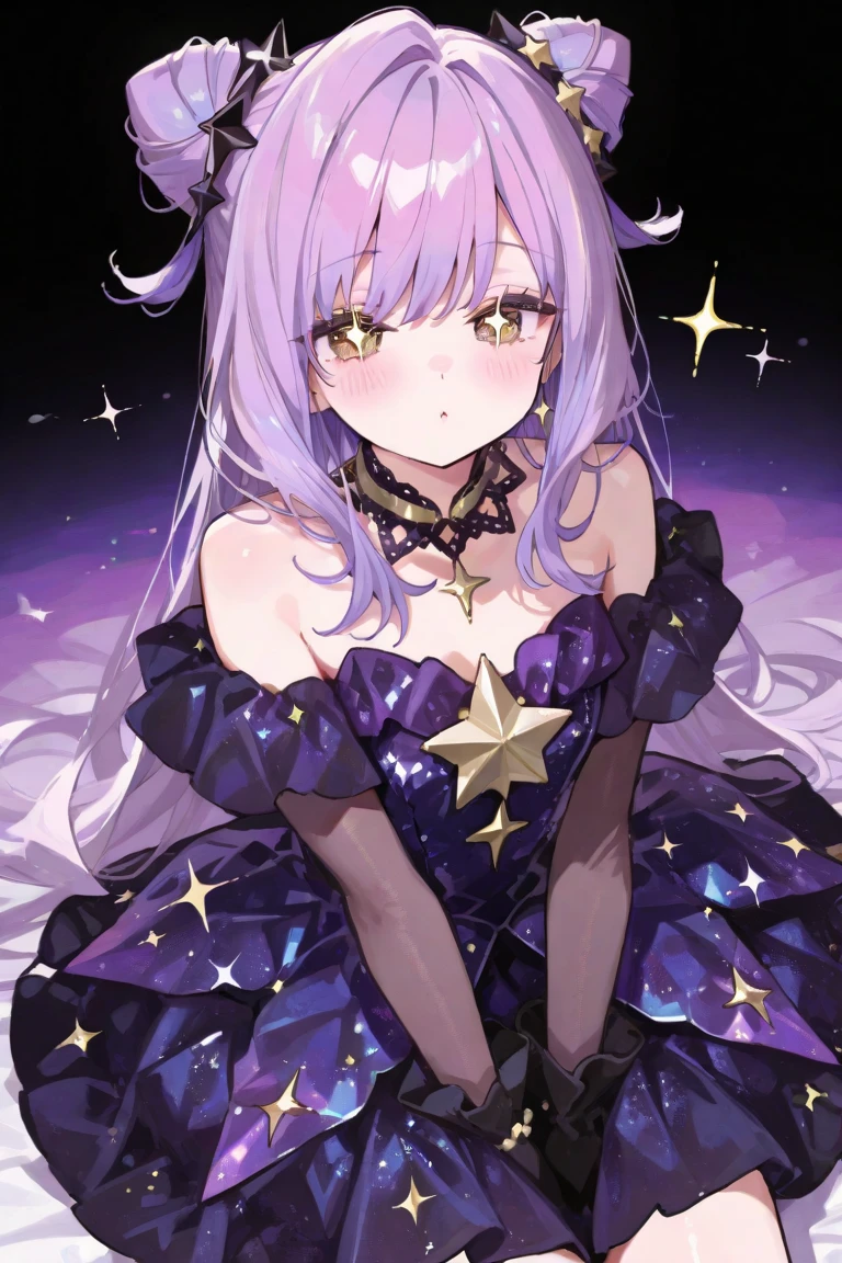 Detailed background, Masterpiece, best quality, 1 person , curly hair, long hair, purple eyes, star in sight , Strapless top, long skirt