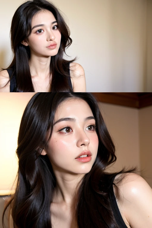 ((Best quality, 8k, Masterpiece:1.3)), A topless Malay lady, (30 years old:1.2), with an attractive figure:1.3, lies comfortably on the bed:1.1. Her skin has a rich, natural tone and is depicted with highly detailed facial and body texture:1.2. Her eyes are closed, revealing long, thick eyelashes and subtle double eyelids:1.3. She has long, dark hair that falls in loose waves around her shoulders:1.2, with a few strands sticking to her forehead and neck. The bedsheets are lightly creased, providing context to the scene:1.1. The room