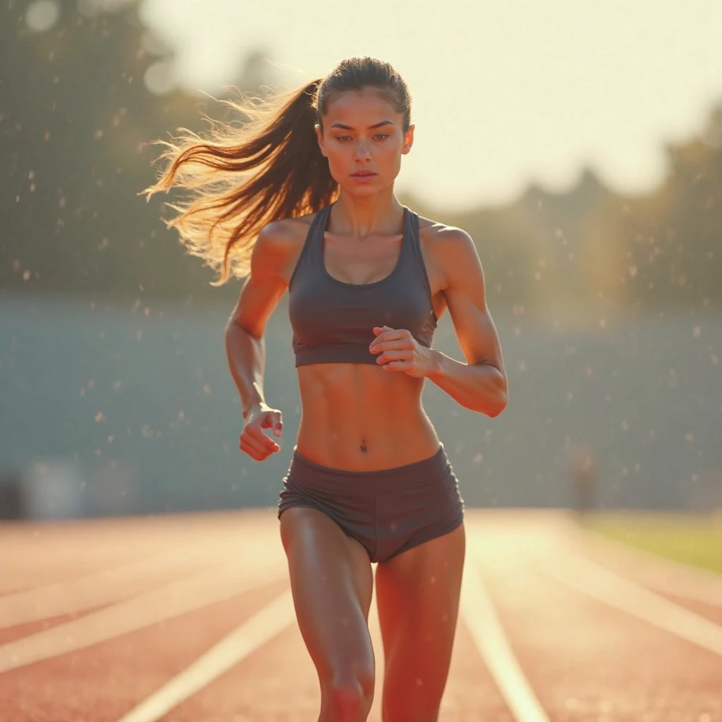 A young woman reaching a goal by crossing a finishing line