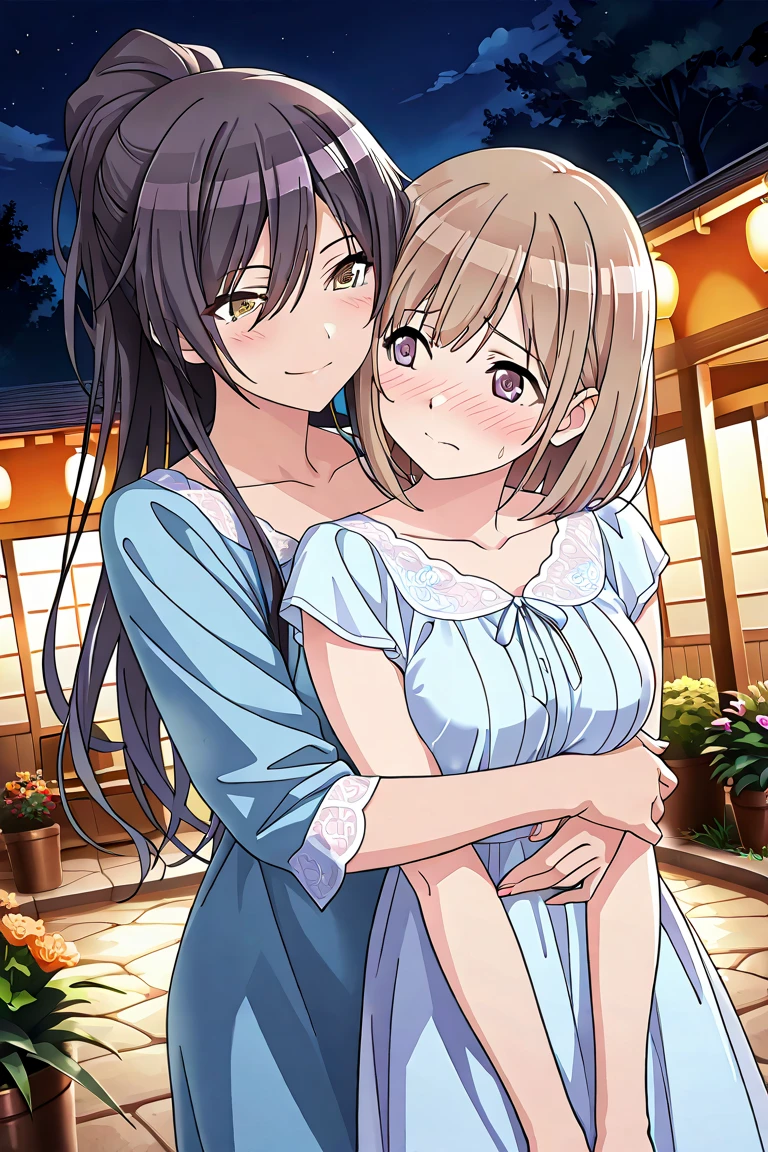 Gao Jiejie,Highest quality,Detailed Background,night,Outdoor,Red eyes,smile,Long twin tails,Brown Hair,Eyebrows visible through hair,Flat Chest,Blue yukata,Cleavage,Nipples,upper body,1boy,vaginale,Sex,cum in pussy,Woman on top,Men are down,penis in pussy,{{{{{{{No text}}}}}}