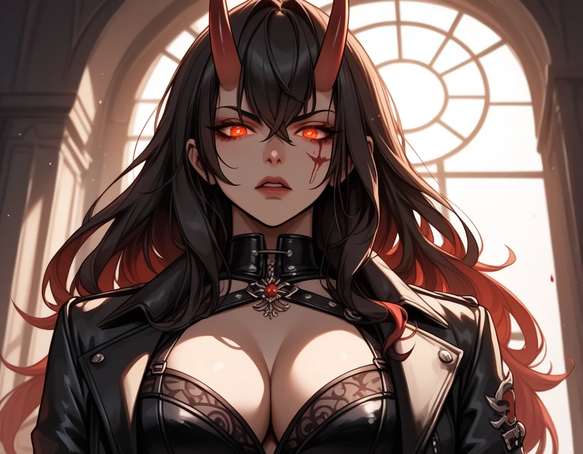 Fantasy, night, 4k, high detailed, Cinematic scene and lighting, a voluptuous succubus with horns and curvy body, hangs on a wall wrapped in chains, iron chains, bound, Hands are chained, heavy Iron chains, Hands tied, fearful look, angst, red eyes, shot from below