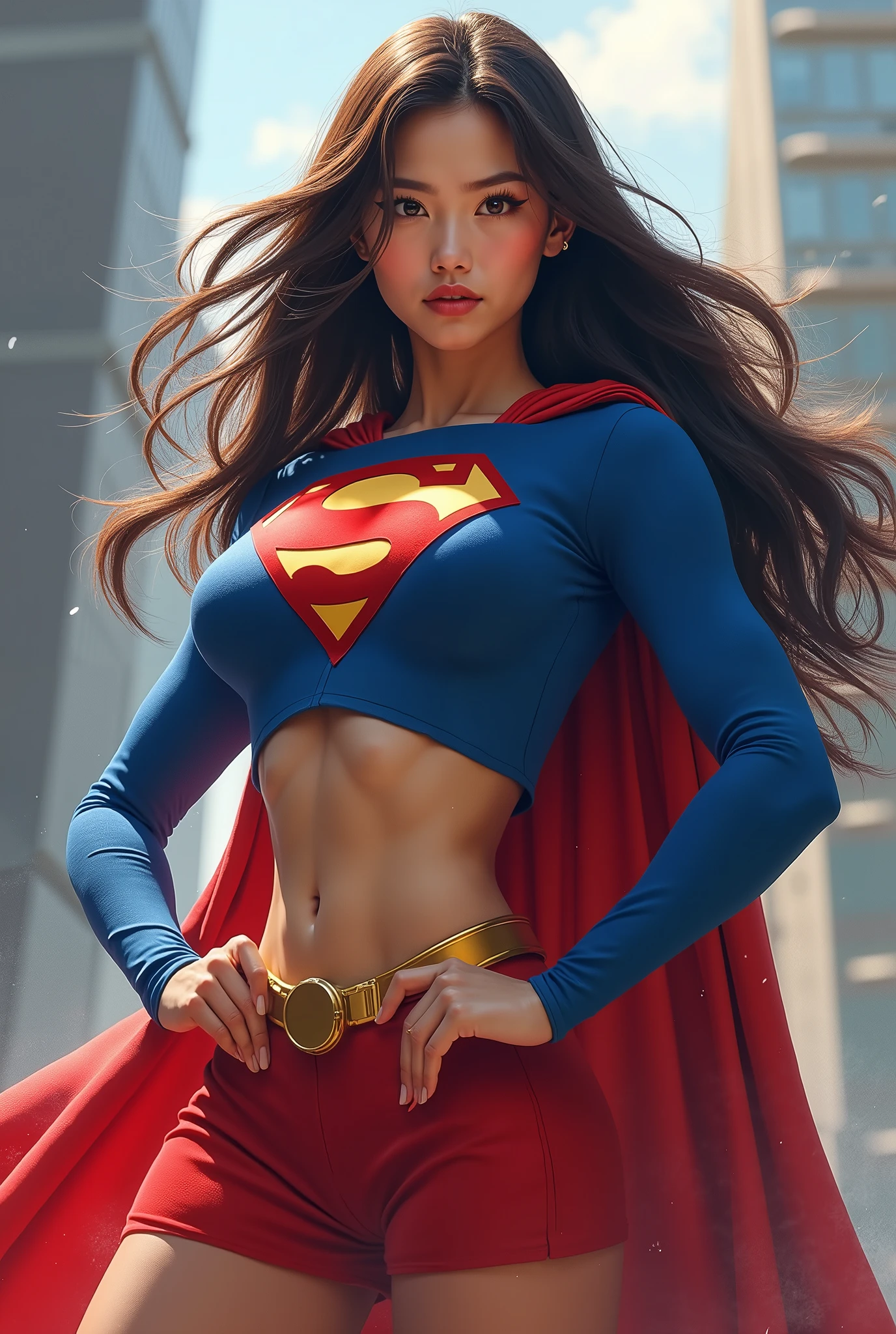eductive asian supergirl, red skirt, blue top with Supergirl logo on chest, open belly, bra visible,focus on her hairs,