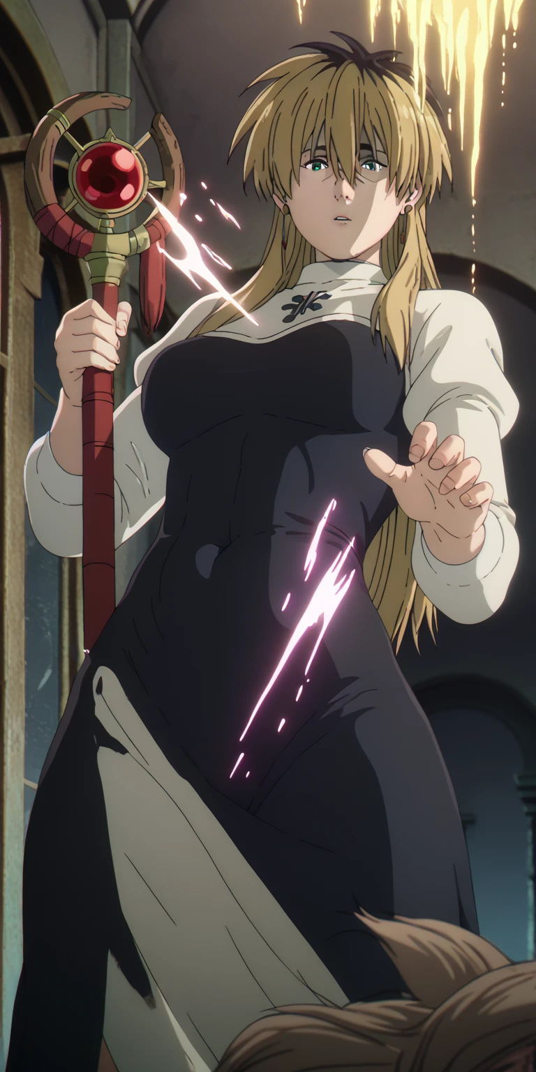 score_9, score_8_up, score_8, score_7_up, bouqtm, miyako ishida, long hair, bangs, blonde hair, black hair, hair between eyes, green eyes, multicolored hair, two-tone hair, plump, shiny skin, anatomical correct, 1girl, solo, gloves, breasts, earrings, jewelry, white_gloves, black_hair, staff, looking_at_viewer, parted_lips, holding, dress, from_below, holding_staff, long_sleeves, puffy_sleeves, covered_navel, black_dress, ((dusty)), ((aura)), Cinematic, looking down, shaded face