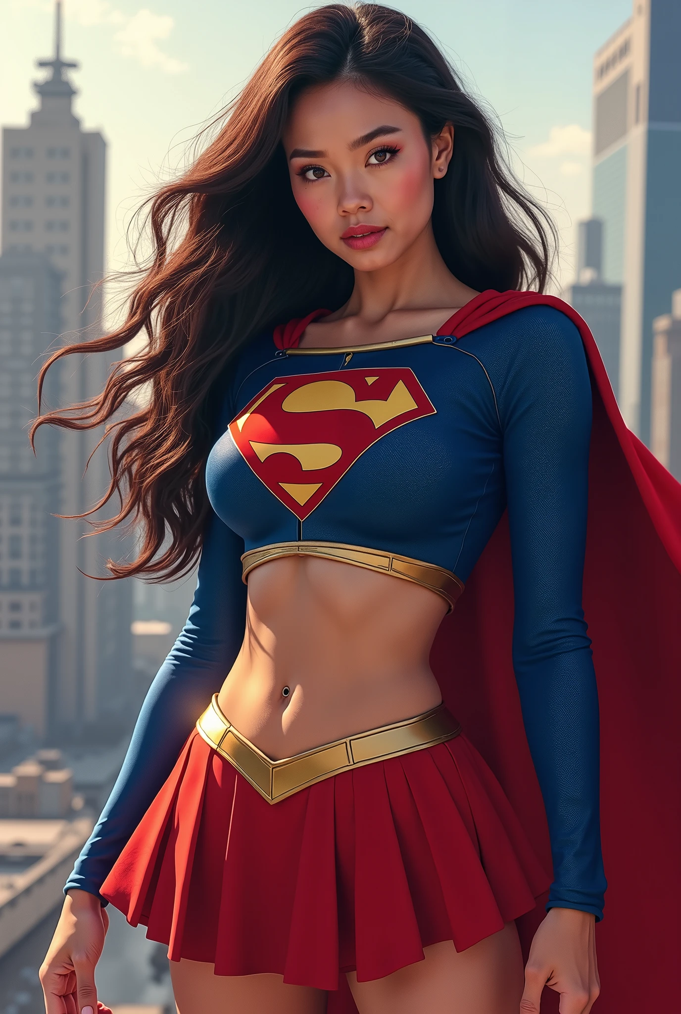 eductive asian supergirl, red skirt, blue top with Supergirl logo on chest, open belly, bra visible,focus on her hairs,