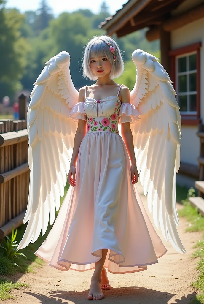 ((raw photo)), ((masterpiece)), anthropomorphic humanoid AngelGirl wearing white noble robe, intricate detail, futobot, intricate Greebles pieces, sky behind, pink, beautiful wings, detailed eyes and lips