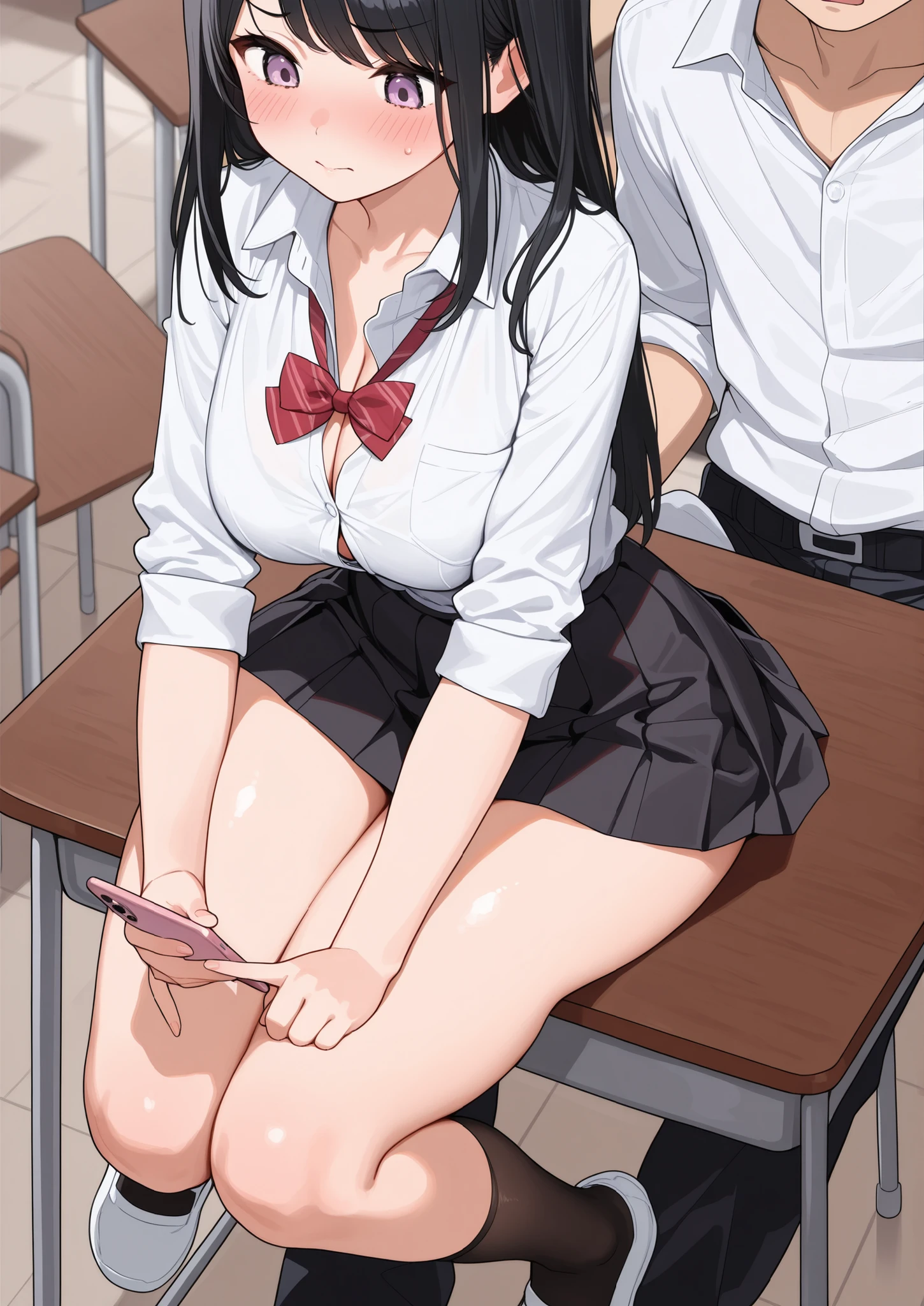 female, long black hair, light purple eyes, blush, cleavage, school girl, school uniform, short mini skirt, thick meaty soft thighs, messing with her phone, looking down, black long stockings, big , sitting on a school table, male student behind her,