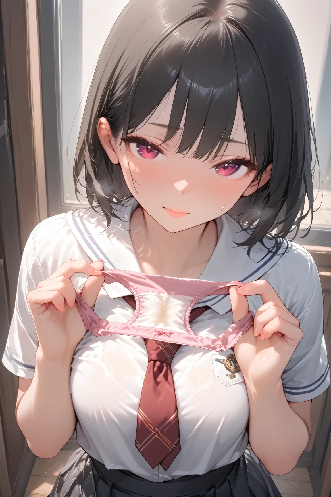 masutepiece, Best Quality,Illustration, Wallpaper, Ultra Detail, a small face、(((molesting)))、((fear))、(Teary-eyed:1.5)、(((Cute underwear)))、ample breasts、Cherry-colored nipples