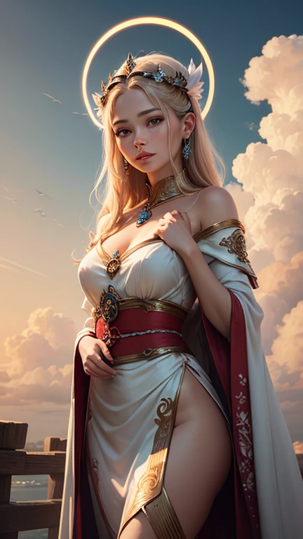 masterpiece, best quailty, best lighting, a charming woman, goddess, tall figure, gorgeous white clothes, ancient clothes, very long hair, shining eyes, light smile, thighs, cloudy sky, heaven, 4k, high resolution, realistic, high quailty, perfect female figure