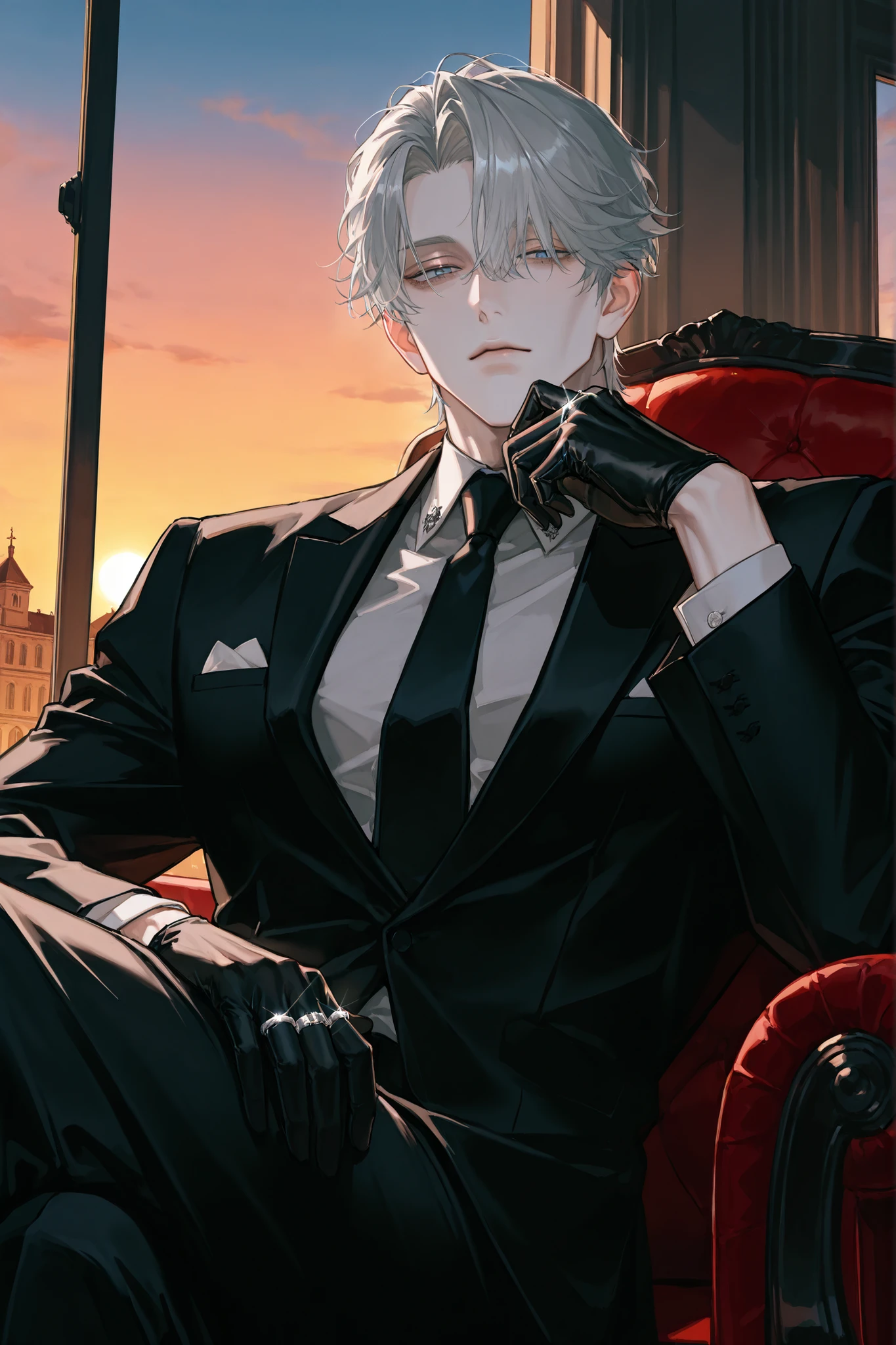 1man, adult male,pale skin ,Skinny,manly,sexy,A quirky impression,sunken cheeks,high cheekbones,wrinkled eyes,tall,((Mature,sensual、オジコム、おじさん、中年おじさん)),Blue eyes,eyelashs,(gray hair),curly hair,Short hair,parted bangs hair,close mouth,expressionless,frowning,Mafia,disheveled Rich black suit,black gloves,Black pants,silver rings,Crossed legs,Sitting,Looking at viewer,sunset,dirty mafia mansion background