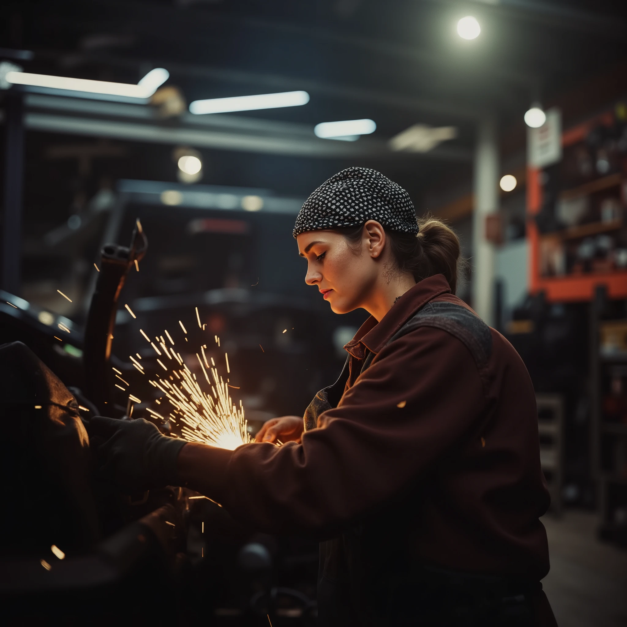 8K ultra-detailed, female mechanic portrait, back turned, auto repair shop, vibrant workshop, selective focus, shallow depth of field, workwear fashion, cinematic lighting, industrial textures, documentary style, golden hour light, grease-stained tools, blue-collar empowerment, patterned headscarf, realistic environment, dynamic composition, workbench details, sparks in background (optional), professional color grading