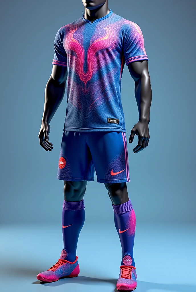 Make me a design of a team uniform that contains the colors of light blue, purple, red and yellow one uniform