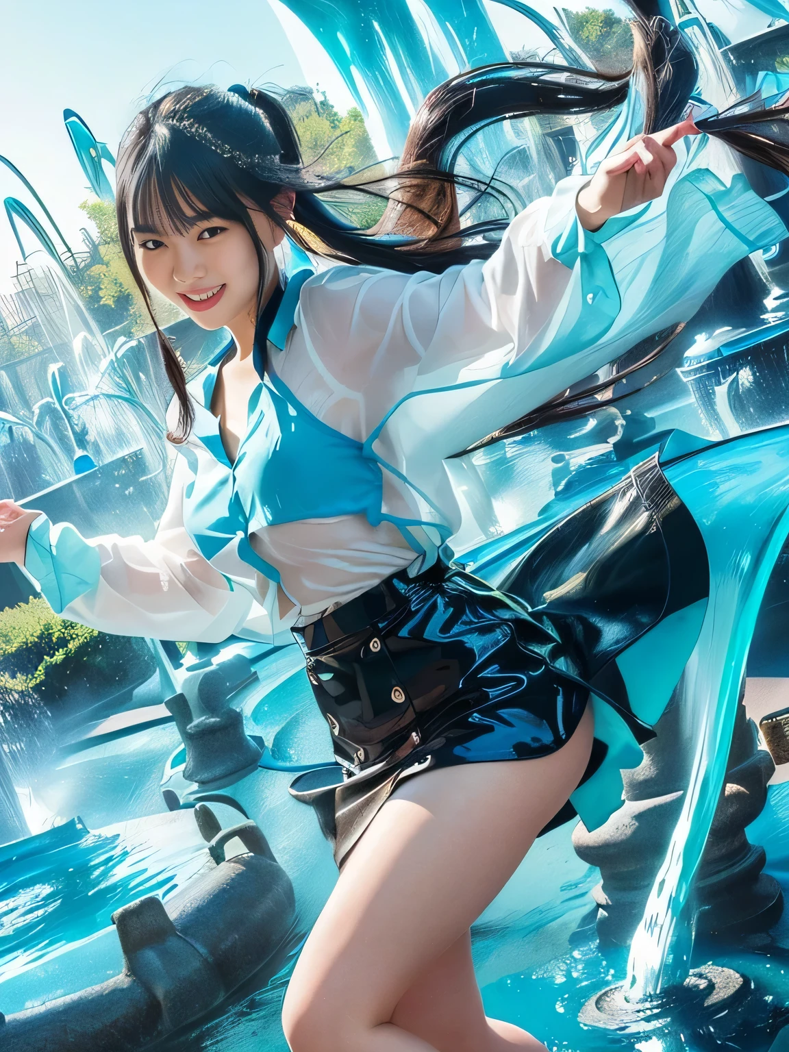 giantess art, highly detailed giantess shots, giantess, most detailed, perfect face, Two legs, Five fingers, A beautiful girl who is bigger than a skyscraper, Wearing rimless glasses, smile, huge breasts, blue base magical girl dress, bow, magical girl, holding a magical wand, black pantyhose, blue stiletto heels, thunderbolt from a magical wand, Destroying cities, Under heavy attack, A very small big city, Miniature metropolis, Full body description, GTS, giga giantess, stomping city, crash city, tiny city, micro city, pantyhose feet, High resolution, highest quality, masterpiece,