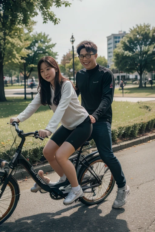 highest quality、4K quality、Man Standing、Tank top woman riding a bicycle、Man hugs woman's breasts、The man puts his hand on the woman's crotch、slender、Small face、14 years old、