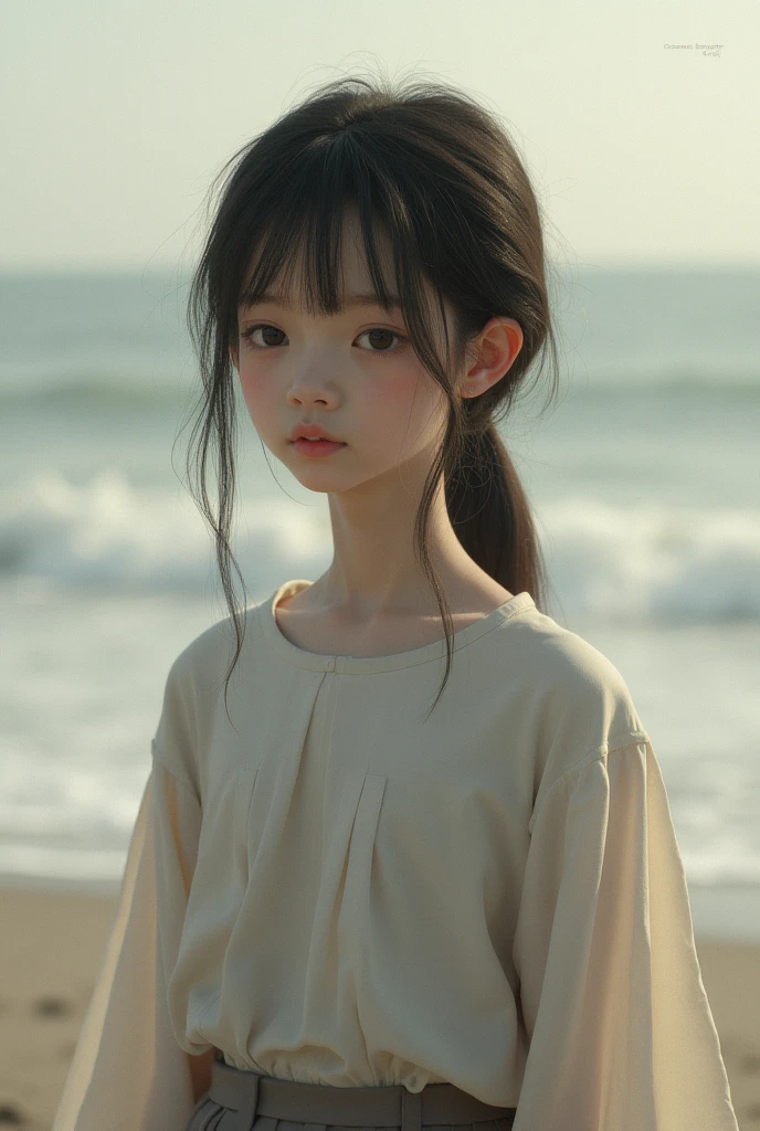 A little girl walking on the beach、A Shiba Inu，eine Katze，Cute little girl s，grassy fields，early evening、，Photorealsitic，the detail，Good quality，tmasterpiece，（Photorealsitic：1.4）,reality,offcial art,8K quality,Super detail,fine detail skin,Movie Angle,cinematic textures,Movie lighting,Masterpiece,Best picture quality