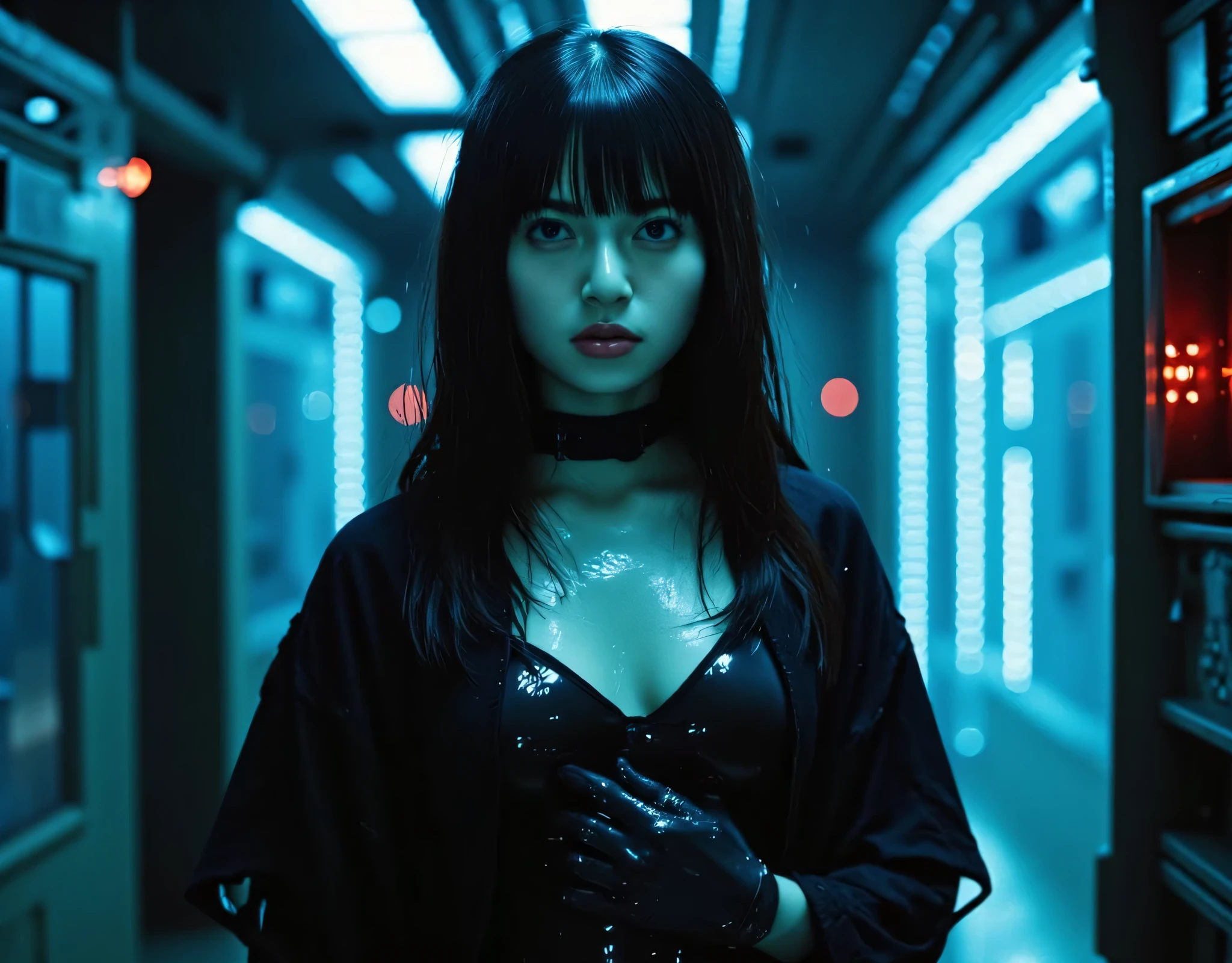 (((The dark interior of the Nostromo:2.0))),(((HR Gigger style cyberpunk atmosphere:2.0))),(((Hold a cyberpunk-style Japanese sword:2.0))),(((Point the tip of the sword at the viewer:2.0))),((full body:2.0)),one woman,(cute face:1.7),(Beautiful well-balanced face :1.5),((long hair with bangs:2.0)),(black hair:1.5),(Beautiful Eyes:1.3),20-year-old Japanese woman wearing bright red paint all over her head,Beautiful slender body,((model body type:2.0)),((slim body:1.7)),Perfect Body Line,Ideal Proportions,((big breasts:2.0)),((スリーサイズ90-58-86:3.0)),((G Cup Breasts:1.5)),Big Breasts,Bare thighs,Sensual Thighs,delicate body,(succulent:1.7),harmonious posture,((Realistic breast depiction :1.7)),carefully depicts limbs based on perfect anatomy,((futuristic black super high leg leotard:1.5)),((super high-leg leotard made of form-fitting glass:1.5)),((A black military coat-style kimono open over a leotard:2.0)),(((LED frame that is slightly transparent in blue:2.0))),((Tactical Holster:2,0)),(gloves:1.3),CONCEPT ART,(Best Quality:1.5),(masterpiece:1.5),(超高resolution),resolution,UHD,(Delicate Description), carefully drawn with butterfly wings ,32k,((realistic skin texture that shows through the whole body:1.5)),(((super realistic:1.5))),carefully draw eyelashes,very detailed face,Highly detailed female hand, Sexy appearance ,very sensual,(Blurry Dim Backgrounds :1.5),Professional Photography,(movie lights:2.0),((Blade Runner style lighting:2.0))