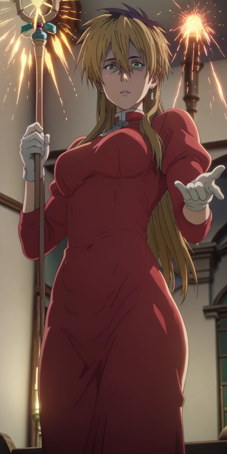 score_9, score_8_up, score_8, score_7_up, bouqtm, miyako ishida, long hair, bangs, blonde hair, black hair, hair between eyes, green eyes, multicolored hair, two-tone hair, plump, shiny skin, anatomical correct, 1girl, solo, gloves, breasts, earrings, jewelry, white_gloves, black_hair, staff, looking_at_viewer, parted_lips, holding, dress, from_below, holding_staff, long_sleeves, puffy_sleeves, covered_navel, black_dress, ((dusty)), ((aura)), Cinematic, looking down, shaded face