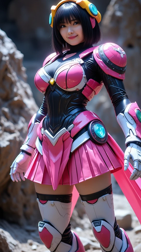 A beautiful 25 year old Japanese woman wearing pink thick metal powered armor:1.5,、smile、Japanese, ponytail, Clear Glass, whole body,Big Breasts:1.5